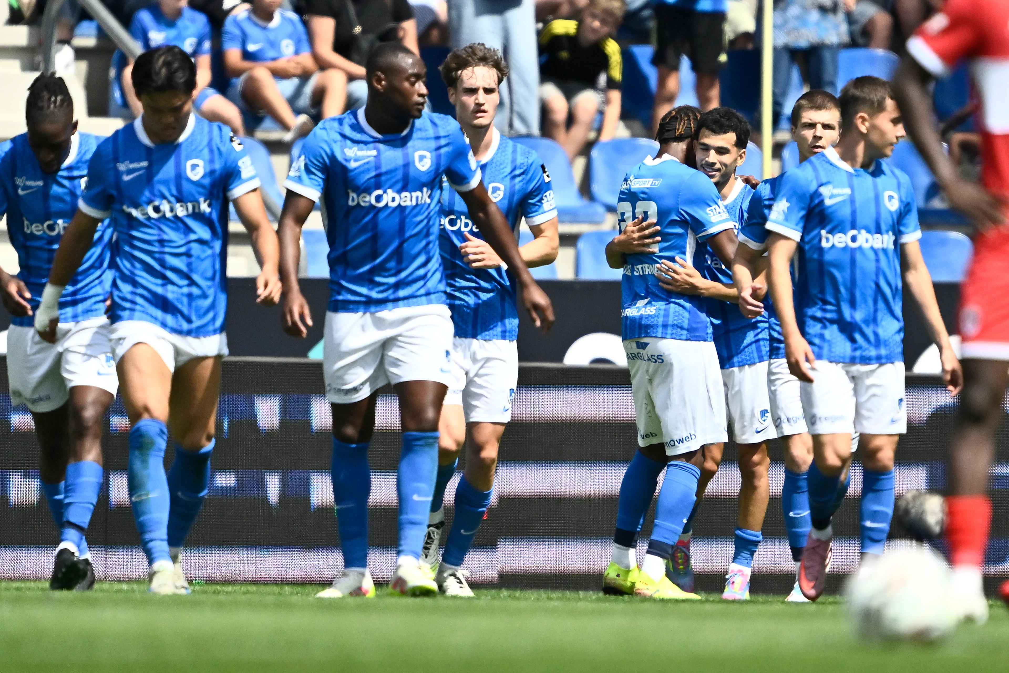 Genk's Zakaria El Ouahdi celebrates after scoring during a soccer match between KRC Genk and Royal Antwerp FC, Sunday 03 August 2025 in Genk, on day 2 of the 2025-2026 'Jupiler Pro League' first division of the Belgian championship. BELGA PHOTO JOHAN EYCKENS