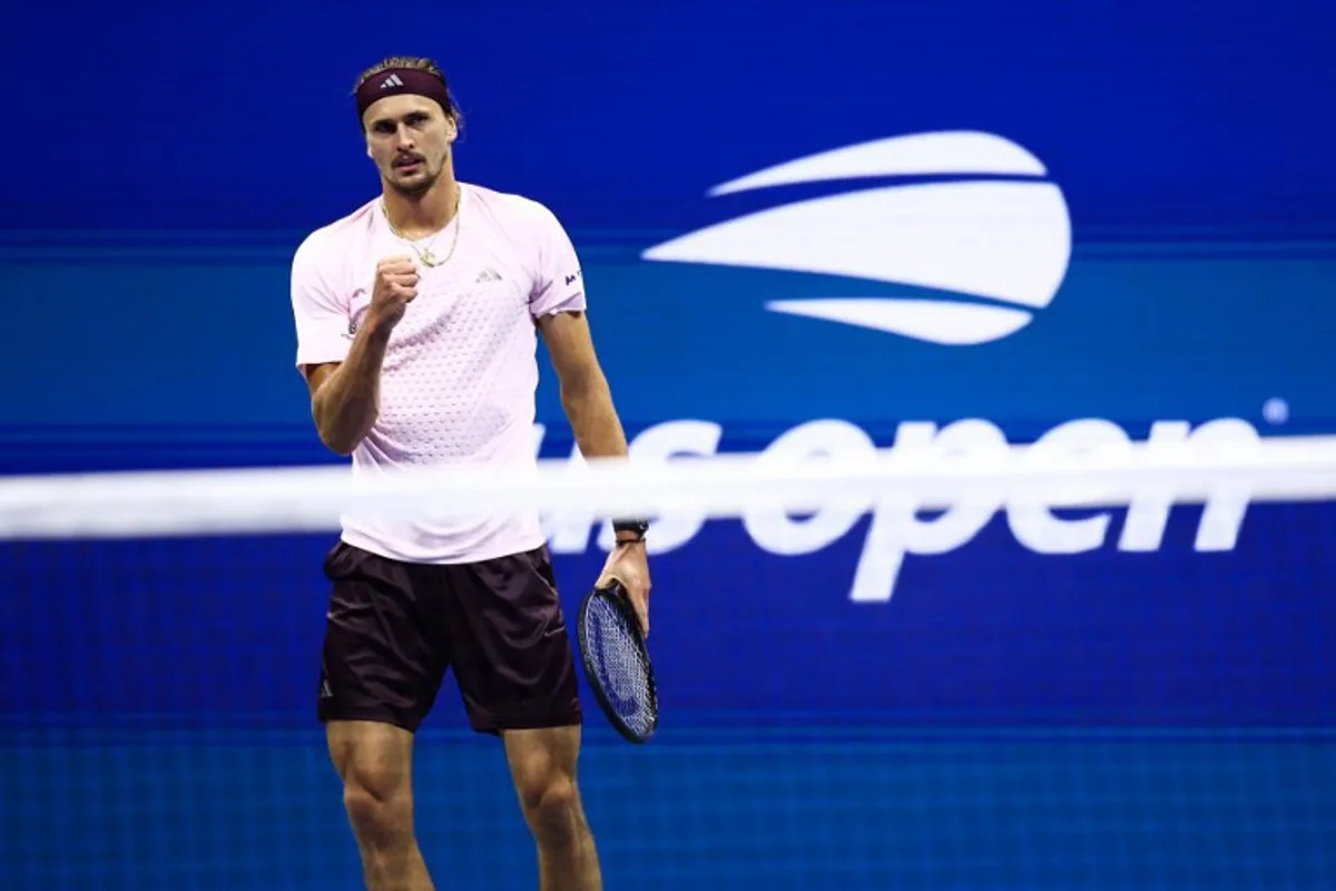 Germany's Alexander Zverev returns the ball to Netherlands' Botic van de Zandschulp during the men's singles quarter-final tennis match on day eleven of the US Open tennis tournament at the USTA Billie Jean King National Tennis Center in New York City on September 9, 2026.  CHARLY TRIBALLEAU / AFP