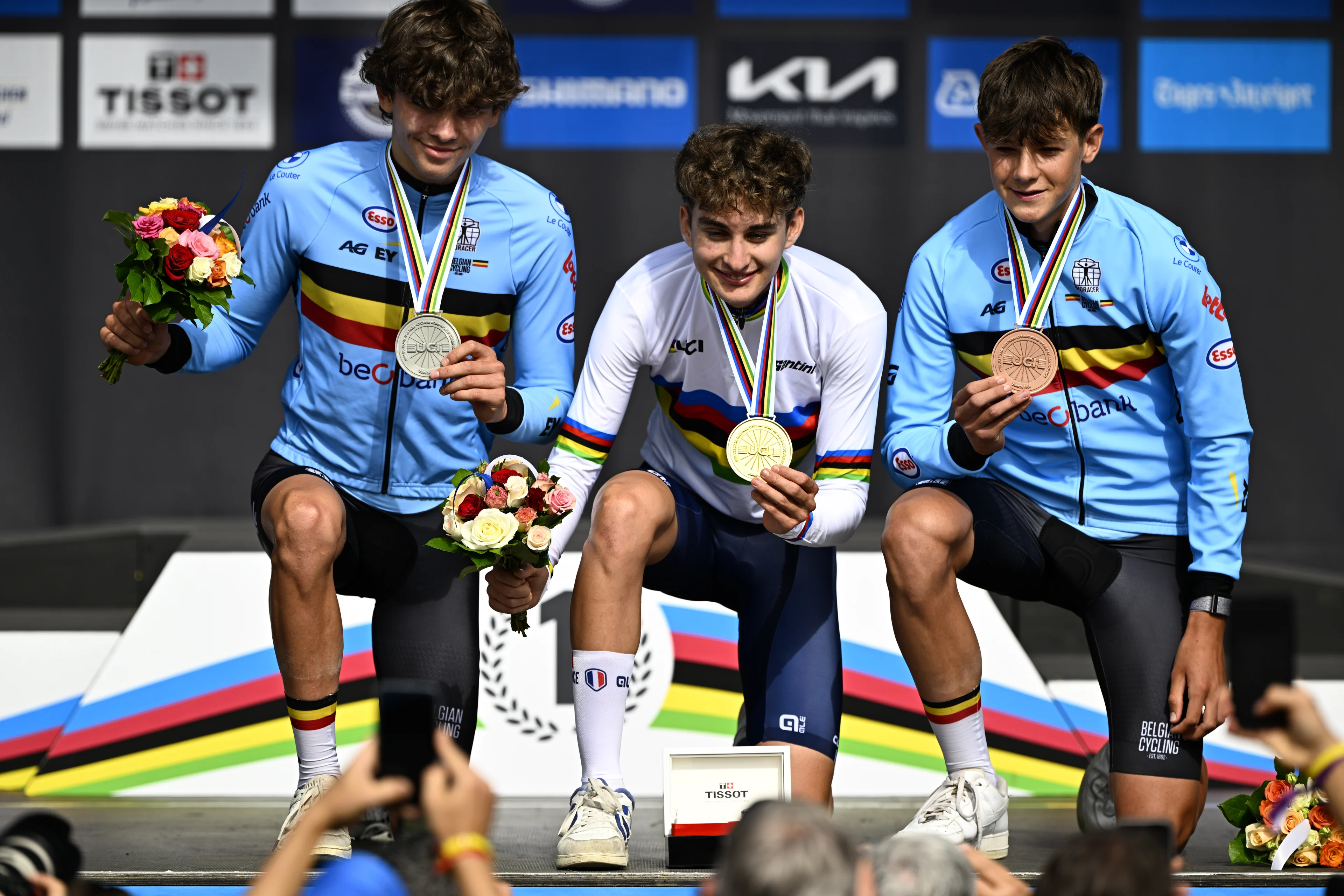 Belgian Jasper Schoofs and silver medalist, Frans Paul Seixas and gold medalist and Belgian Matisse Van Keckhove and bronze medalist pictured on the podium after the Junior Men individual time trial race at the 2024 UCI Road and Para-Cycling Road World Championships, Monday 23 September 2024, in Zurich, Switzerland. The Worlds are taking place from 21 to 29 September. BELGA PHOTO JASPER JACOBS