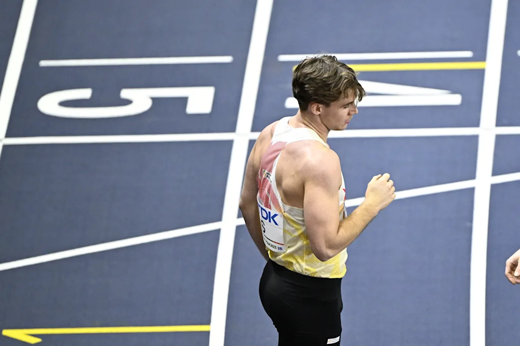 Belgian Jente Hauttekeete pictured at the 1000m race of the men's heptathlon competition, on the second day of the World Athletics Indoor Championship in Torun, Poland on Saturday 21 March 2026. The championships take place from 20 to 22 March. BELGA PHOTO JASPER JACOBS