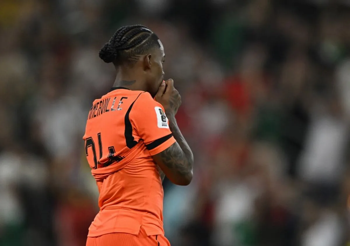 Netherlands' forward #24 Crysencio Summerville reacts after missing his penalty during the the penalty shootout of the 2026 World Cup round of 32 football match between the Netherlands and Morocco at the Monterrey Stadium in Guadalupe on June 29, 2026.   Alfredo ESTRELLA / AFP