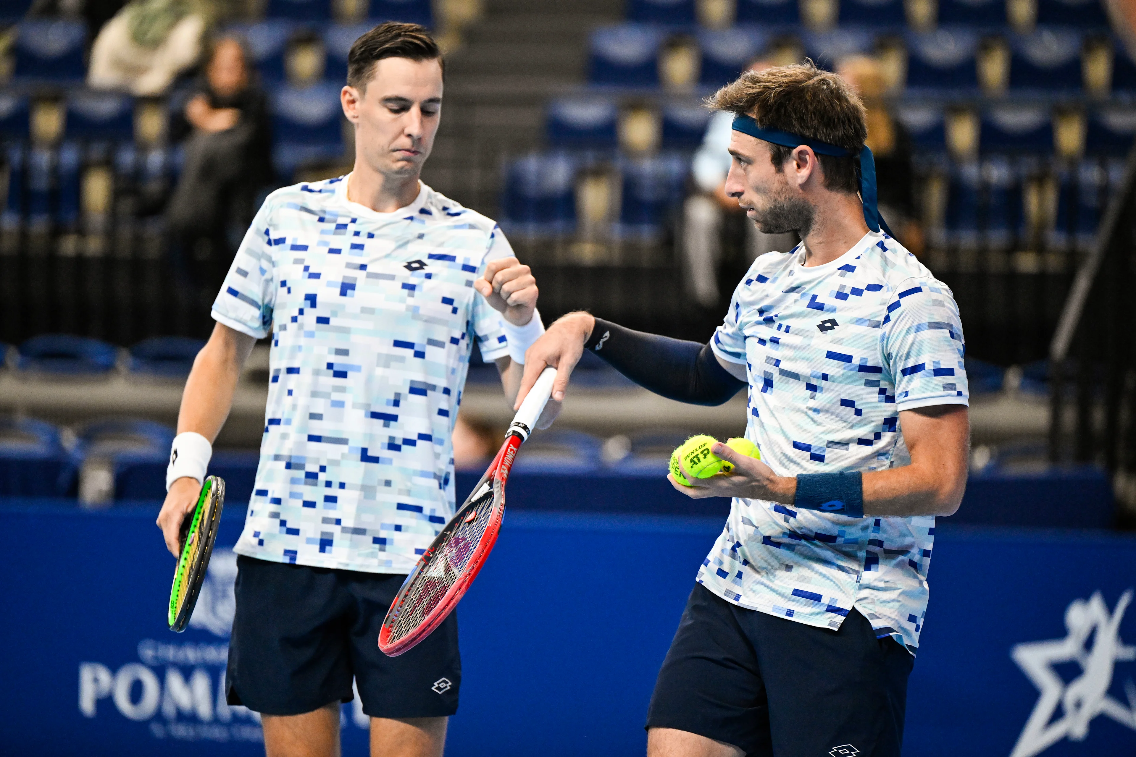 Belgian Joran Vliegen and Belgian Sander Gille pictured during a tennis match in the quarter final of the doubles competition at the ATP European Open Tennis tournament in Antwerp, Thursday 17 October 2024. BELGA PHOTO TOM GOYVAERTS