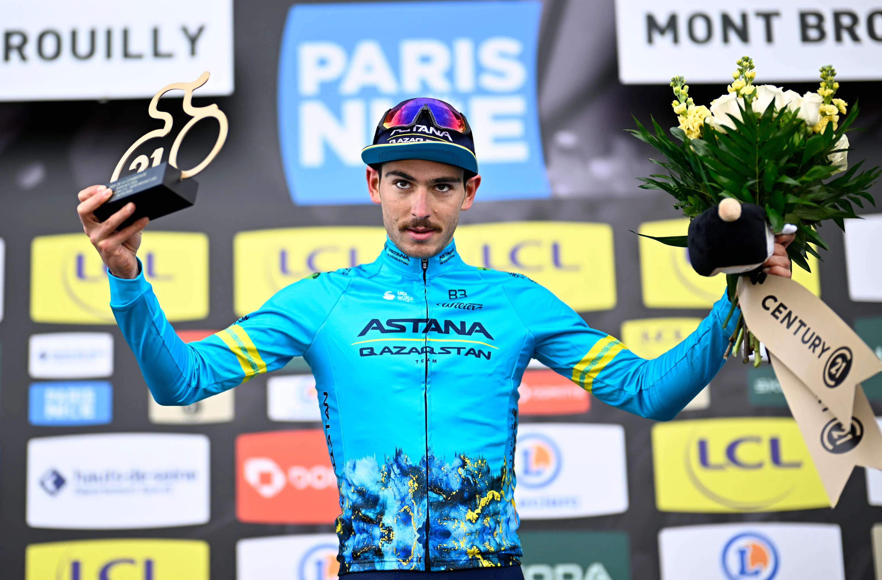 Italian Christian Scaroni of Astana Qazaqstan celebrates on the podium of the fourth stage of the Paris-Nice eight days cycling stage race, a race of 183km from Chalon-sur-Saone to Mont Brouilly, France, Wednesday 06 March 2024. BELGA PHOTO JASPER JACOBS