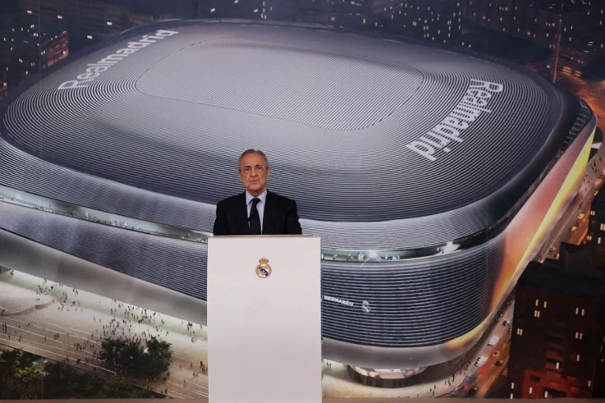 Real Madrid´s President Florentino Perez talks during a press conference upon the end of the year at Real Madrid sport city in Valdebebas, outside Madrid, on December 20, 2024.  Thomas COEX / AFP