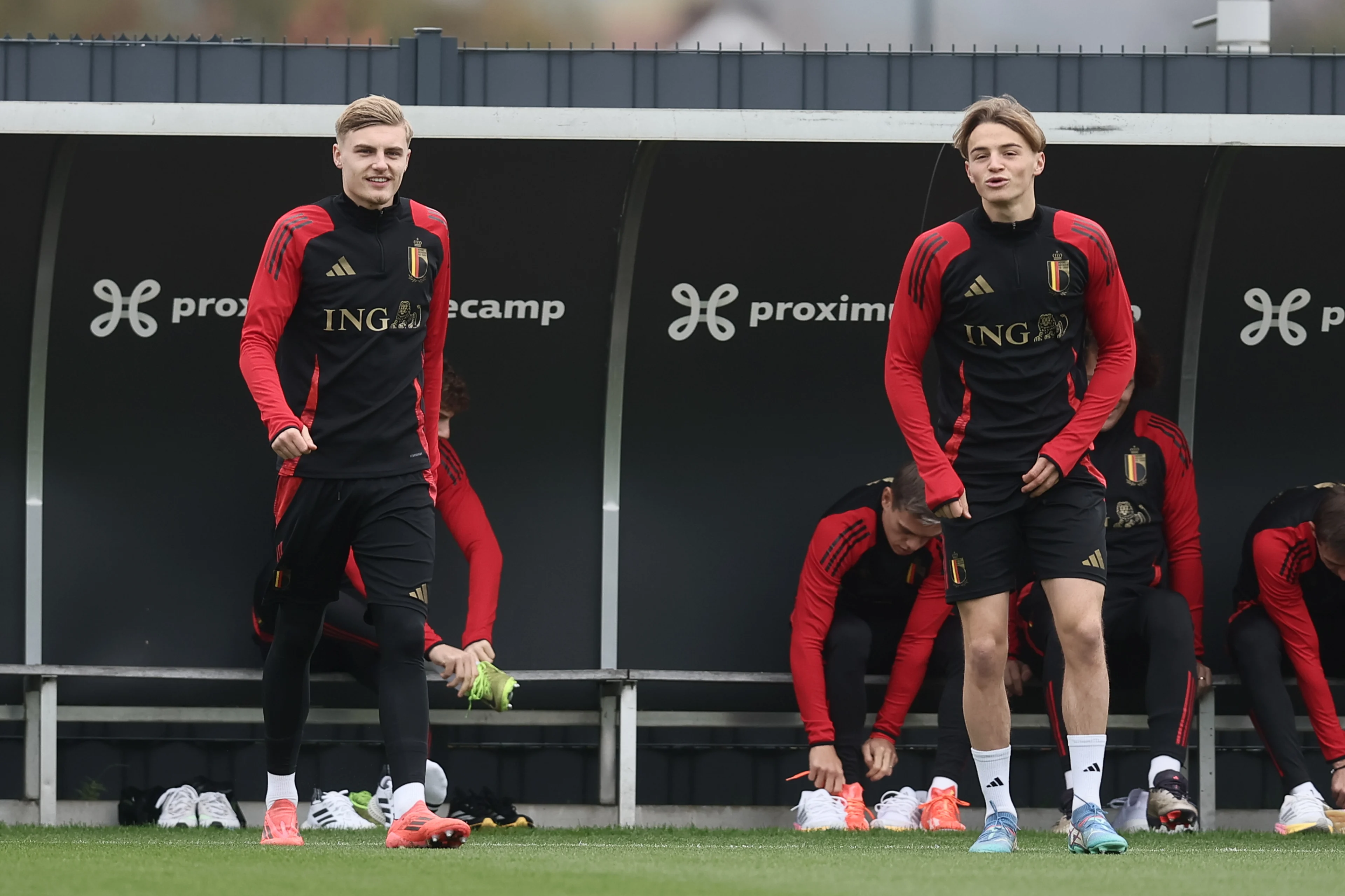 Belgium's Norman Bassette and Belgium's Matte Smets pictured during a training session of Belgian national soccer team the Red Devils, ahead of tomorrow's game against Israel in the Nations League group phase, Saturday 16 November 2024 in Tubize. BELGA PHOTO BRUNO FAHY