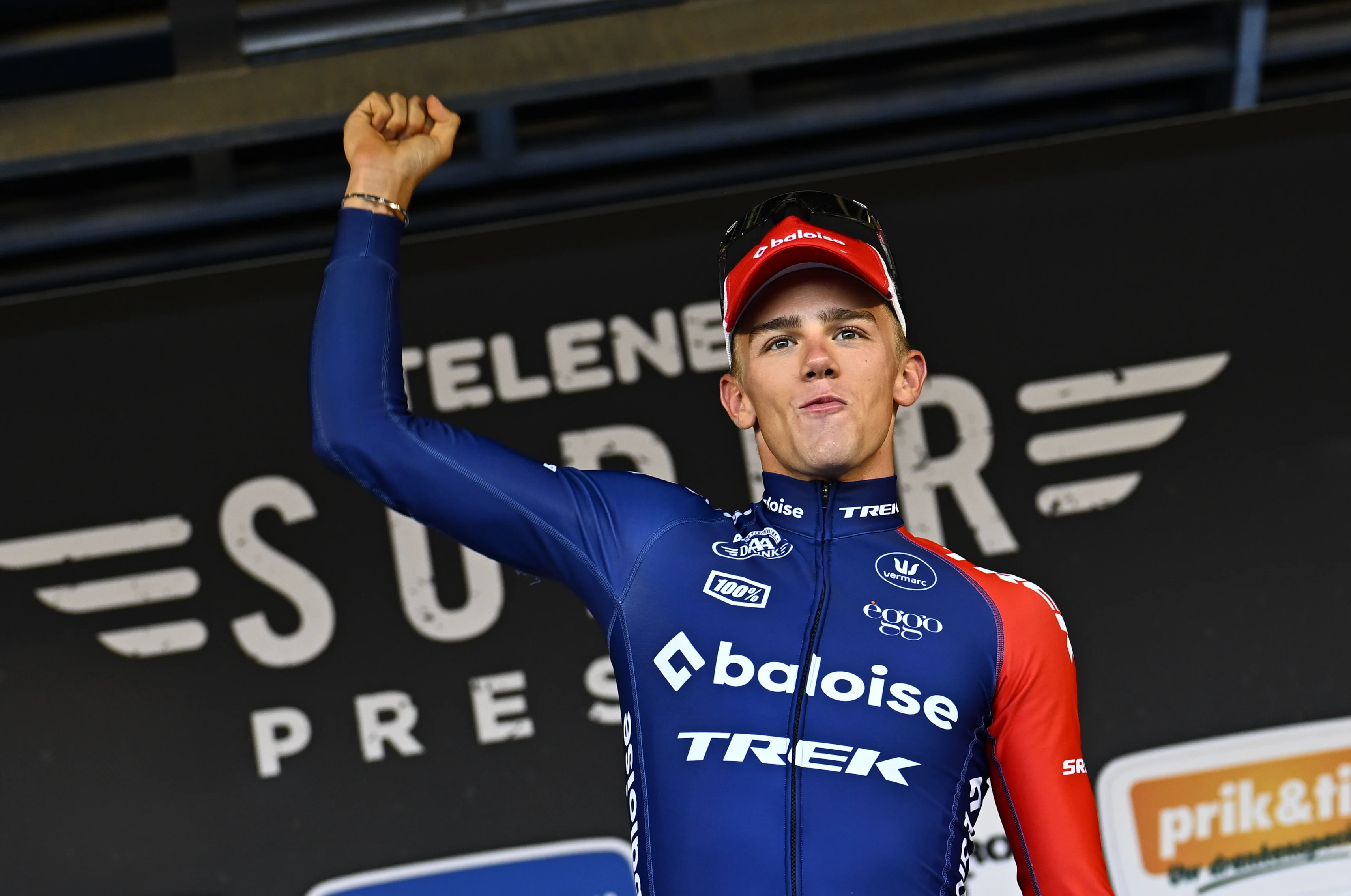 Belgian Thibau Nys pictured on the podium after winning the men's elite race of the Superprestige race of Overijse, stage 2 (out of 9) in the Superprestige cyclocross competition, in Overijse, Sunday 27 October 2024. BELGA PHOTO JASPER JACOBS