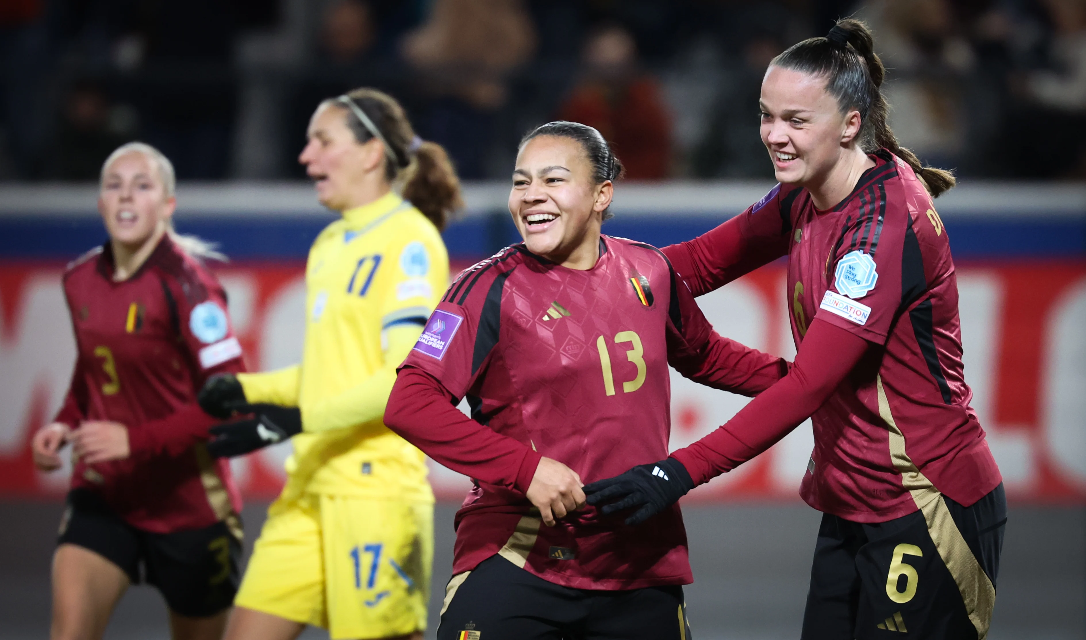 Belgium's Mariam Abdulai Toloba celebrates after scoring during a soccer game between Belgium's national team the Red Flames and Ukraine, in Heverlee, Tuesday 03 December 2024, the second leg of the second round of qualifications group stage for the Euro 2025 Championship. BELGA PHOTO VIRGINIE LEFOUR