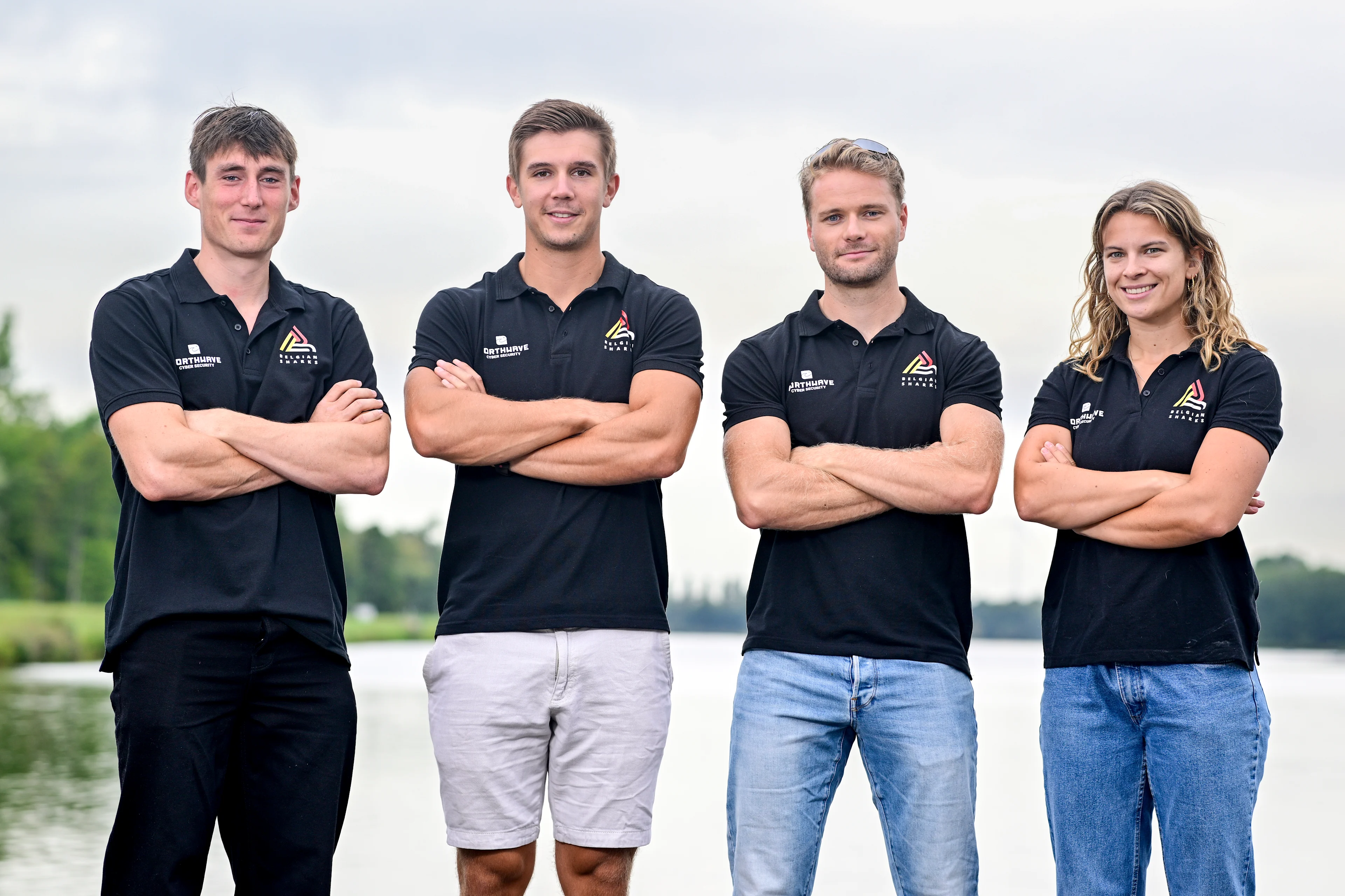 Belgian athlete Aaron Andries , Belgian athlete Tristan Vandenbussche , Belgian athlete Marlon Colpaert , Belgian athlete Mazarine Guilbert and pose for a photoshoot organized by the 'Vlaamse Roeiliga' Flemish rowing federation, Tuesday 09 September 2025 in Willebroek, to present the athletes and new coaching staff that will take part to the World Championships in Shanghai (September 21-28). BELGA PHOTO DIRK WAEM