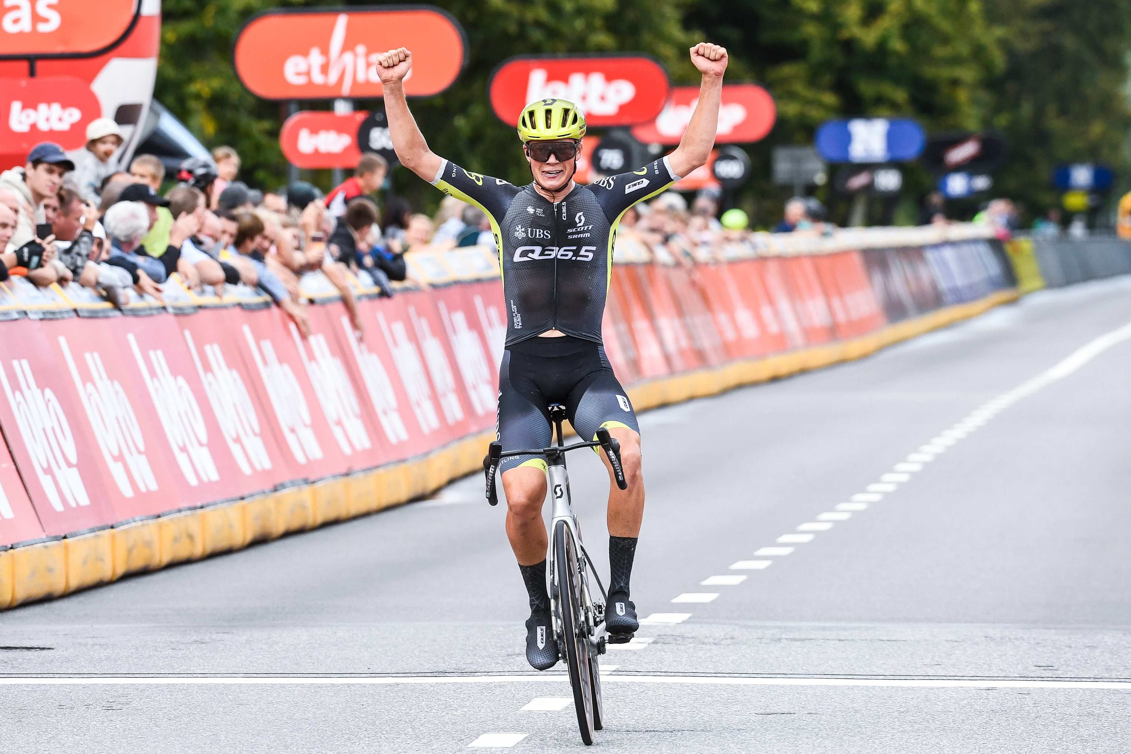 Jelte Krijnsen of Q36.5 Pro Cycling Team celebrates as he crosses the finish line to win the 'Druivenkoers' one day cycling race, 206,3 km from and to Overijse, Friday 23 August 2024. BELGA PHOTO MARC GOYVAERTS