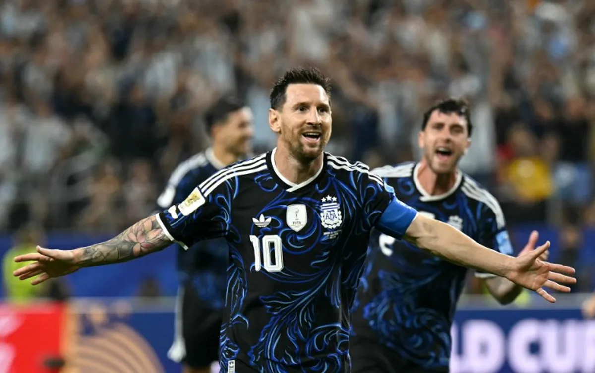 Argentina's forward #10 Lionel Messi celebrates scoring his team's third goal during the 2026 World Cup Group J football match between Jordan and Argentina at the Dallas Stadium in Arlington on June 27, 2026.   Paul ELLIS / AFP