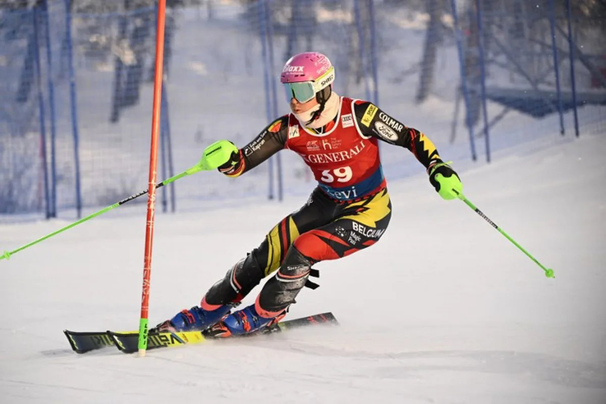 Belgium's Sam Maes competes during the first run of the men's slalom event of the FIS Alpine Skiing World Cup at the Levi Ski Centre in Kittila, Finland on November 16, 2025. Roni Rekomaa / Lehtikuva / AFP