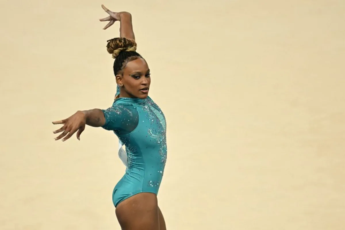 Brazil's Rebeca Andrade competes in the artistic gymnastics women's floor exercise final during the Paris 2024 Olympic Games at the Bercy Arena in Paris, on August 5, 2024. Paul ELLIS / AFP