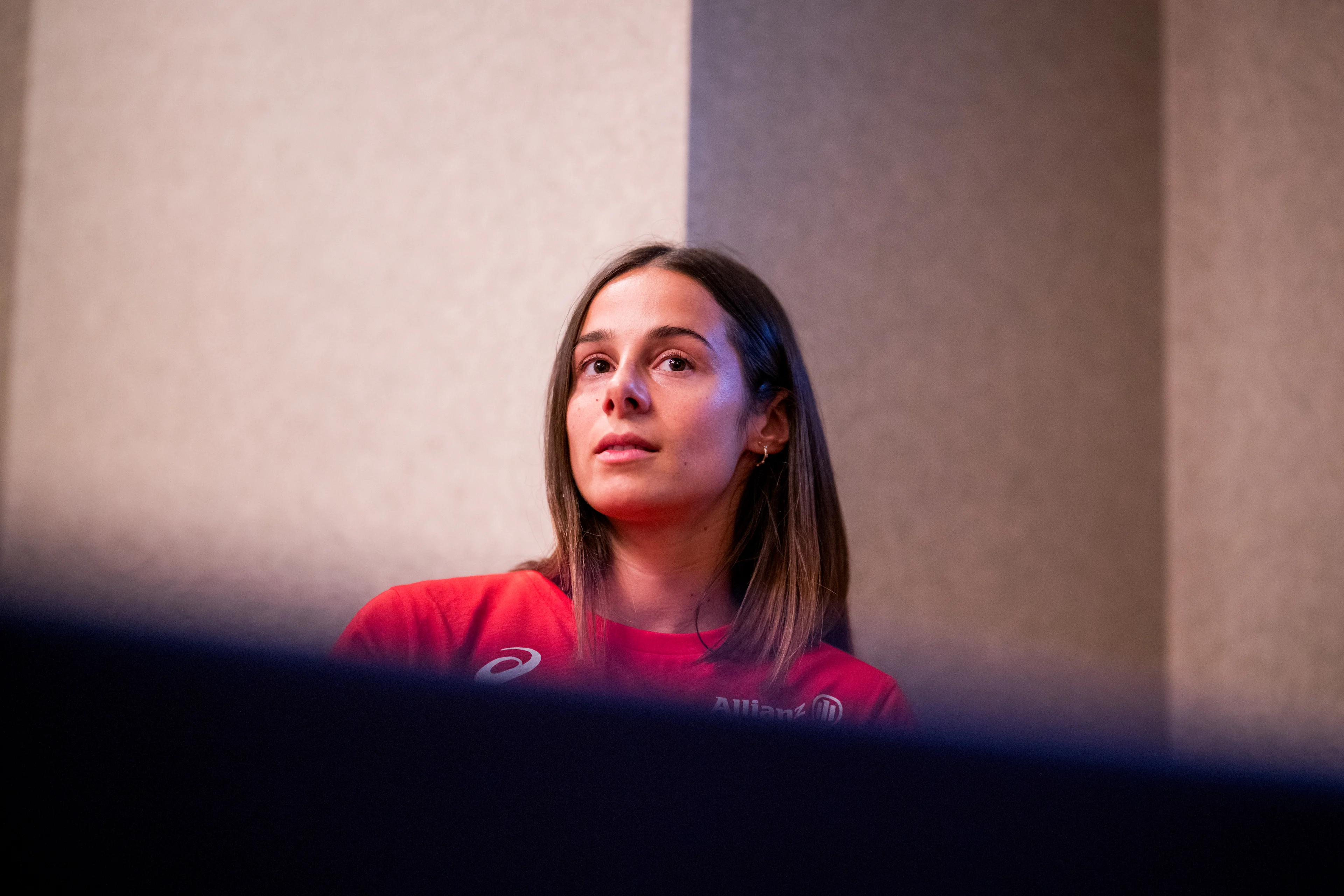 Belgian Camille Laus talks to the press during a press conference before the World Athletics Championships in Tokyo, Japan, on Thursday 11 September 2025. The outdoor Worlds are taking place from 13 to 21 September. BELGA PHOTO JASPER JACOBS
