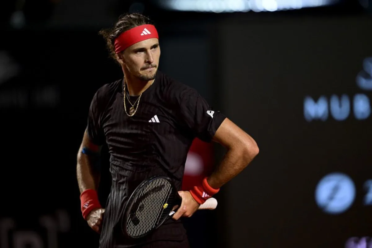 Germany's Alexander Zverev complains during the second round tennis match against Kazakhstan's Alexander Shevchenko at the ATP 500 Rio Open in Rio de Janeiro, Brazil, on February 19, 2025.  Mauro PIMENTEL / AFP