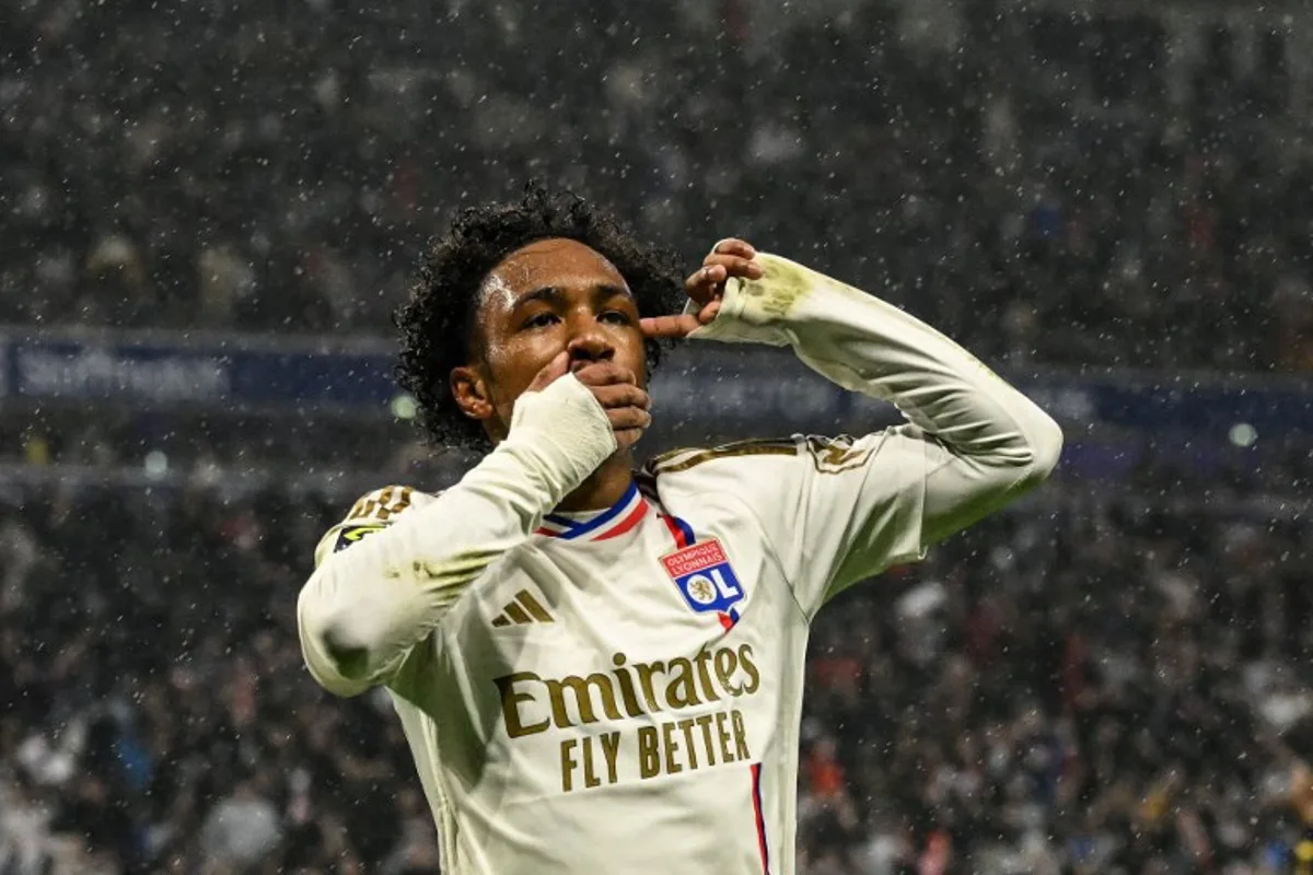 Lyon's Belgian forward #11 Malick Fofana celebrates after scoring a goal  during the French L1 football match between Olympique Lyonnais (OL) and AS Monaco at the Groupama Stadium in Decines-Charpieu, central-eastern France, on April 28, 2024.  JEFF PACHOUD / AFP