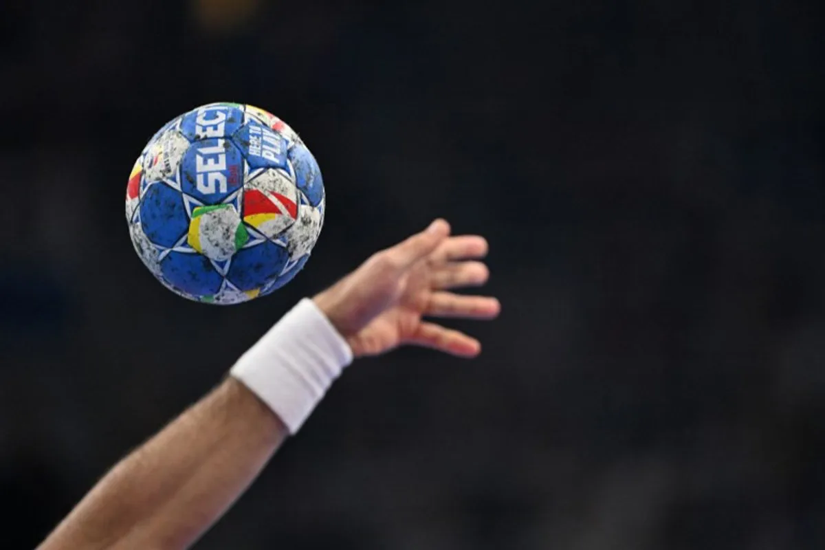 The ball is pictured during the men's EURO 2024 EHF Handball European Championship match Group B between Austria and Romania in Mannheim, Western Germany, on January 12, 2024.  Kirill KUDRYAVTSEV / AFP