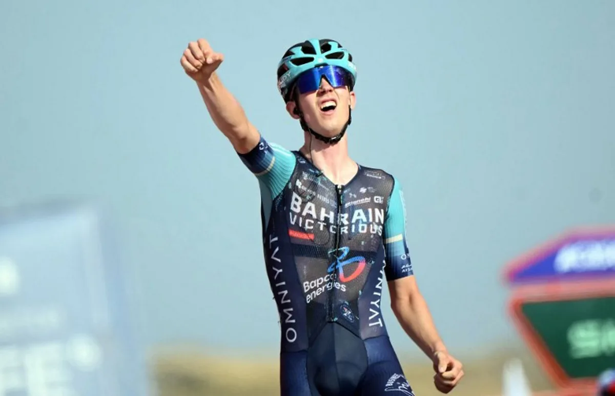 Team Bahrain's Slovenian rider Jakob Omrzel celebrates winning the 12th stage of the Vuelta a Espana 2026 cycling tour, a 166,6 km race between Vera and Calar Alto, on September 3, 2026.   JOSE JORDAN / AFP