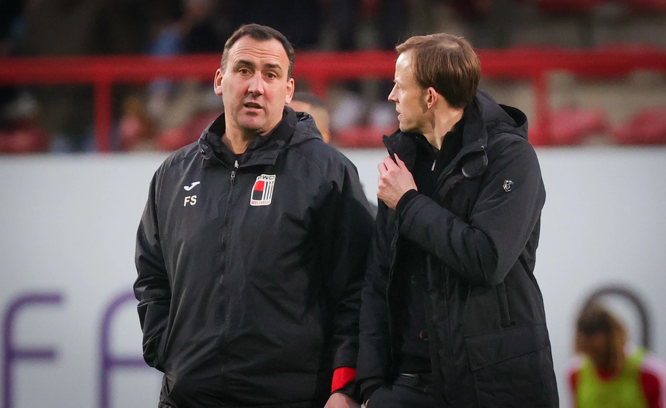 Rwdm's assistant coach Frederic Stilmant and Rwdm's head coach Vincent Euvrard pictured during a soccer match between RWD Molenbeek and SL16 (U23 Standard), Saturday 04 February 2023 in Brussels, on day 21 of the 2022-2023 'Challenger Pro League' 1B second division of the Belgian championship. BELGA PHOTO VIRGINIE LEFOUR