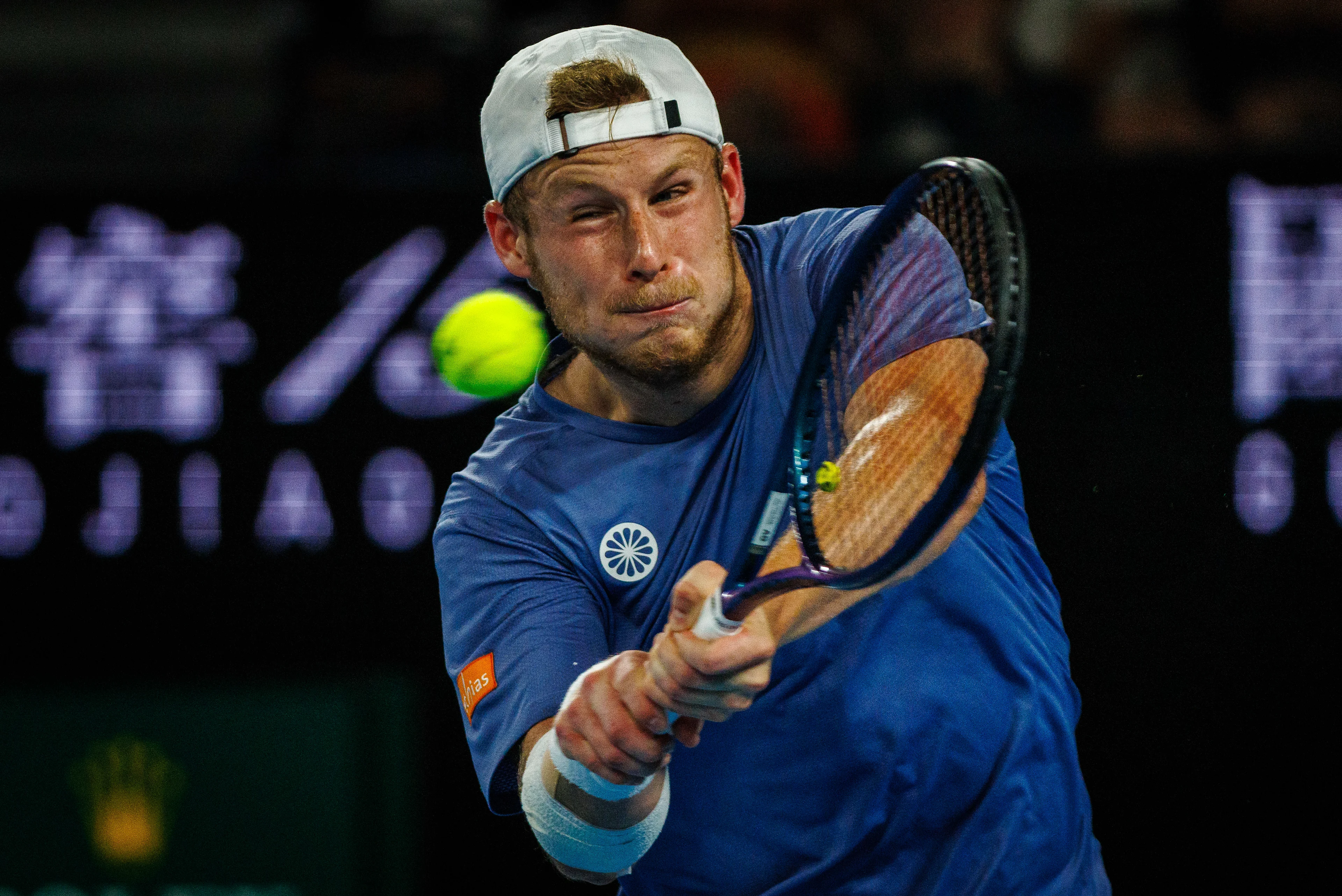 Belgian Gauthier Onclin pictured in action during a men's singles first round game between Belgian Onclin and American Opelka, at the 'Australian Open' Grand Slam tennis tournament, Sunday 12 January 2025 in Melbourne Park, Melbourne, Australia. The 2025 edition of the Australian Grand Slam takes place from January 12th to January 26th. BELGA PHOTO PATRICK HAMILTON