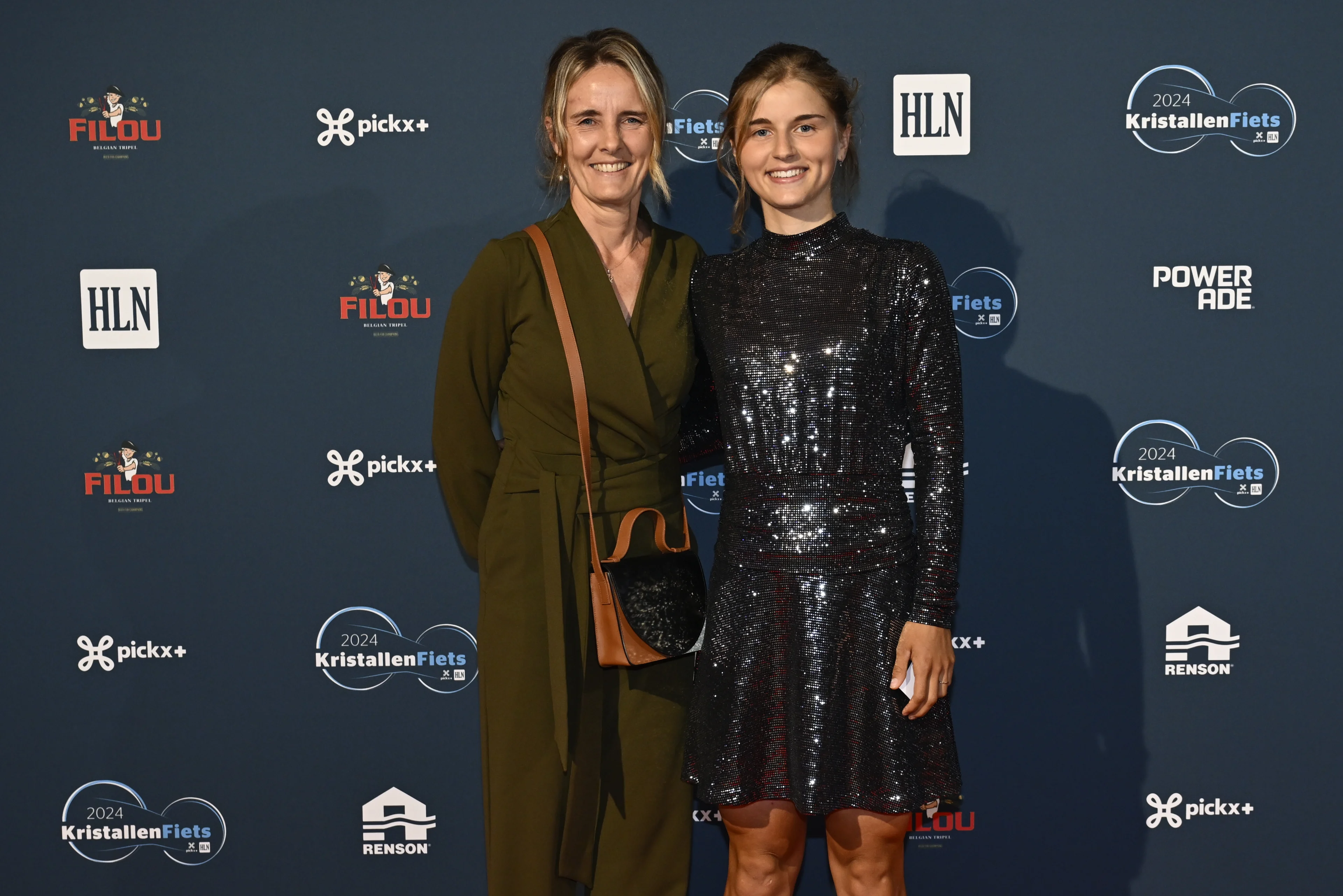 Sofie Hoeben and Fleur Moors pictured on the red carpet at the arrival for the 'Kristallen Fiets' (Crystal Bike - Velo de Cristal) award ceremony for the best cyclists of the 2024 cycling season, organized by Flemish newspaper Het Laatste Nieuws, Tuesday 15 October 2024, in Kruisem. BELGA PHOTO DIRK WAEM