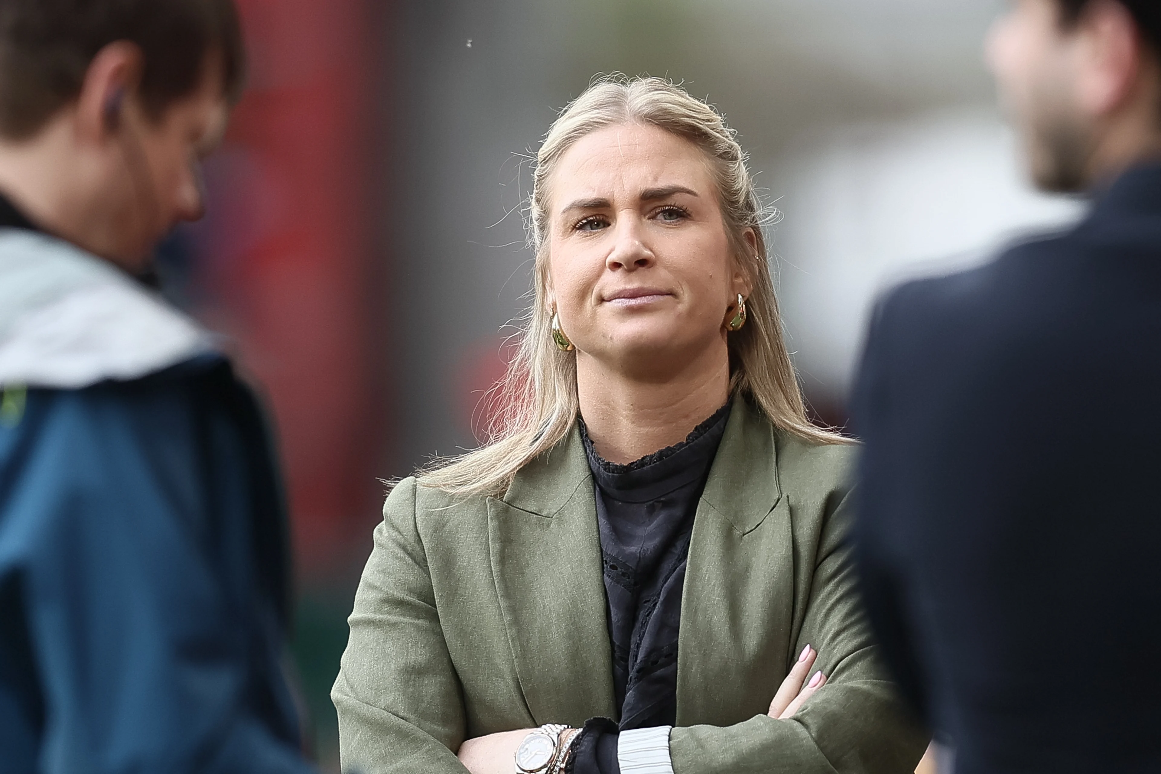 Tennis player belgian Ysaline Bonaventure pictured at the start of a soccer match between Standard de Liege and K Sint-Truiden VV, Saturday 27 April 2024 in Liege, on day 6 (out of 10) of the Europe Play-offs of the 2023-2024 'Jupiler Pro League' first division of the Belgian championship. BELGA PHOTO BRUNO FAHY