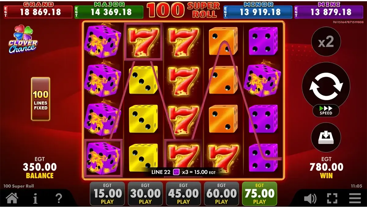 Gameplay de la machine à sous 100 Super Roll d’EGT Digital avec rouleaux, symboles et jackpot en ligne en Belgique.