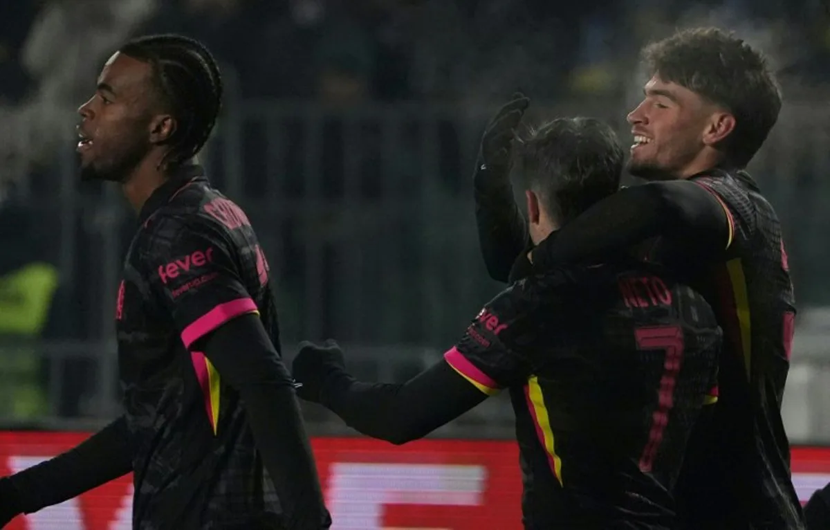 Chelsea's Spanish striker #38 Marc Guiu (R) celebrates with teammates after scoring a goal during the UEFA Conference League football match between Astana and Chelsea FC in Astana on December 12, 2024.  Konstantin CHALABOV / AFP