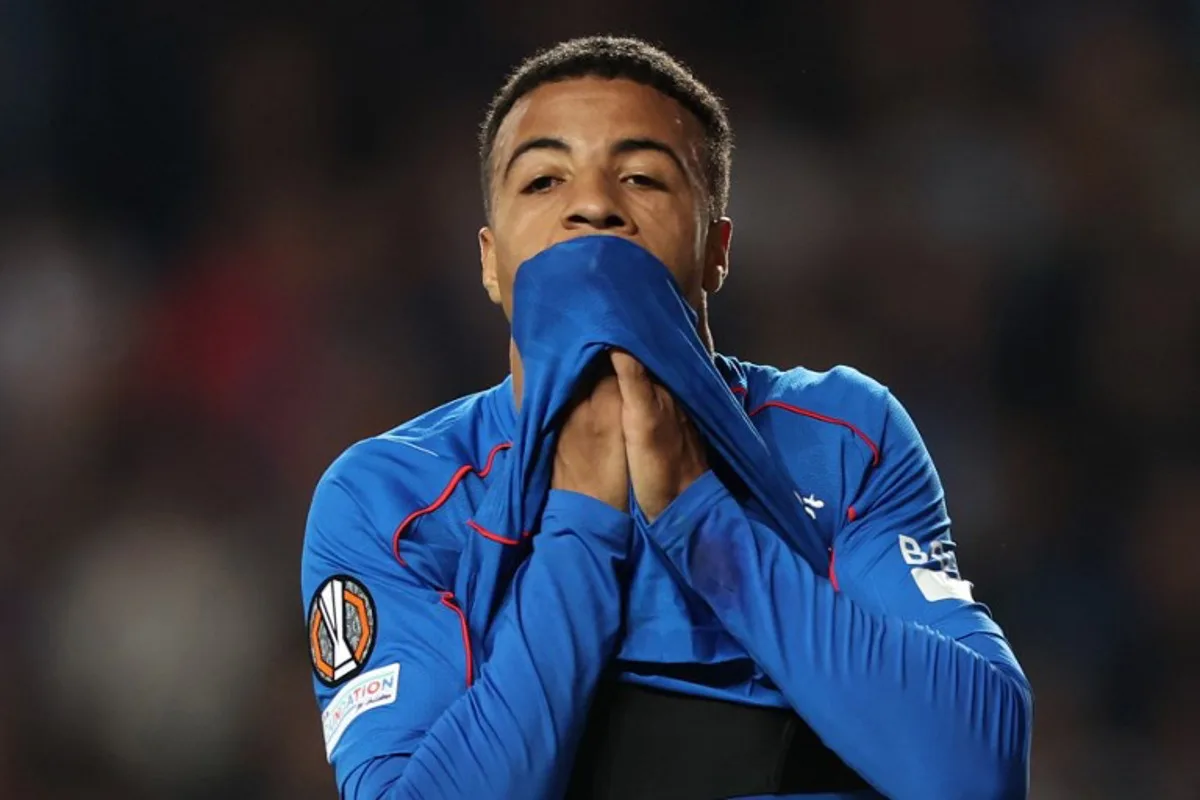 Rangers' Moroccan striker #29 Hamza Igamane reacts after the UEFA Europa League quarter final football match between Rangers and Athletic Club Bilbao at the Ibrox Stadium in Glasgow on April 10, 2025. Ewan Bootman / AFP