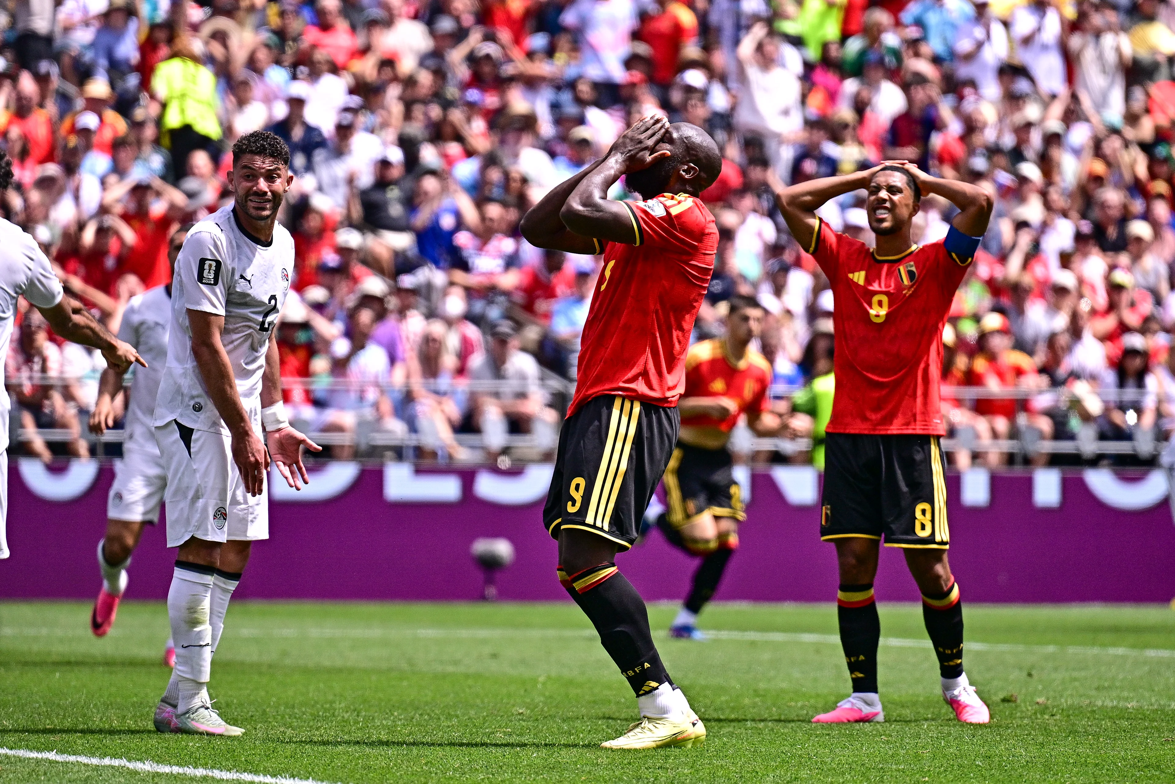Belgium's Romelu Lukaku and Belgium's Youri Tielemans react during a soccer game between Belgian national team Red Devils and Egypt, on Monday 15 June 2026 in Seattle, the first game in the group stage of the FIFA World Cup 2026 in the United States of America. The Diables Rouges - Rode Duivels were drawn into Group G. BELGA PHOTO DIRK WAEM