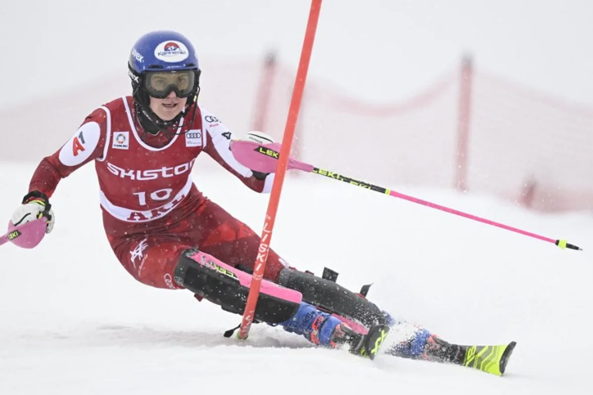 Austria's Katharina Truppe competes during the first run of the women's slalom event of the FIS Alpine Skiing World Cup in Are, Sweden, on March 9, 2025.   Pontus LUNDAHL / TT News Agency / AFP