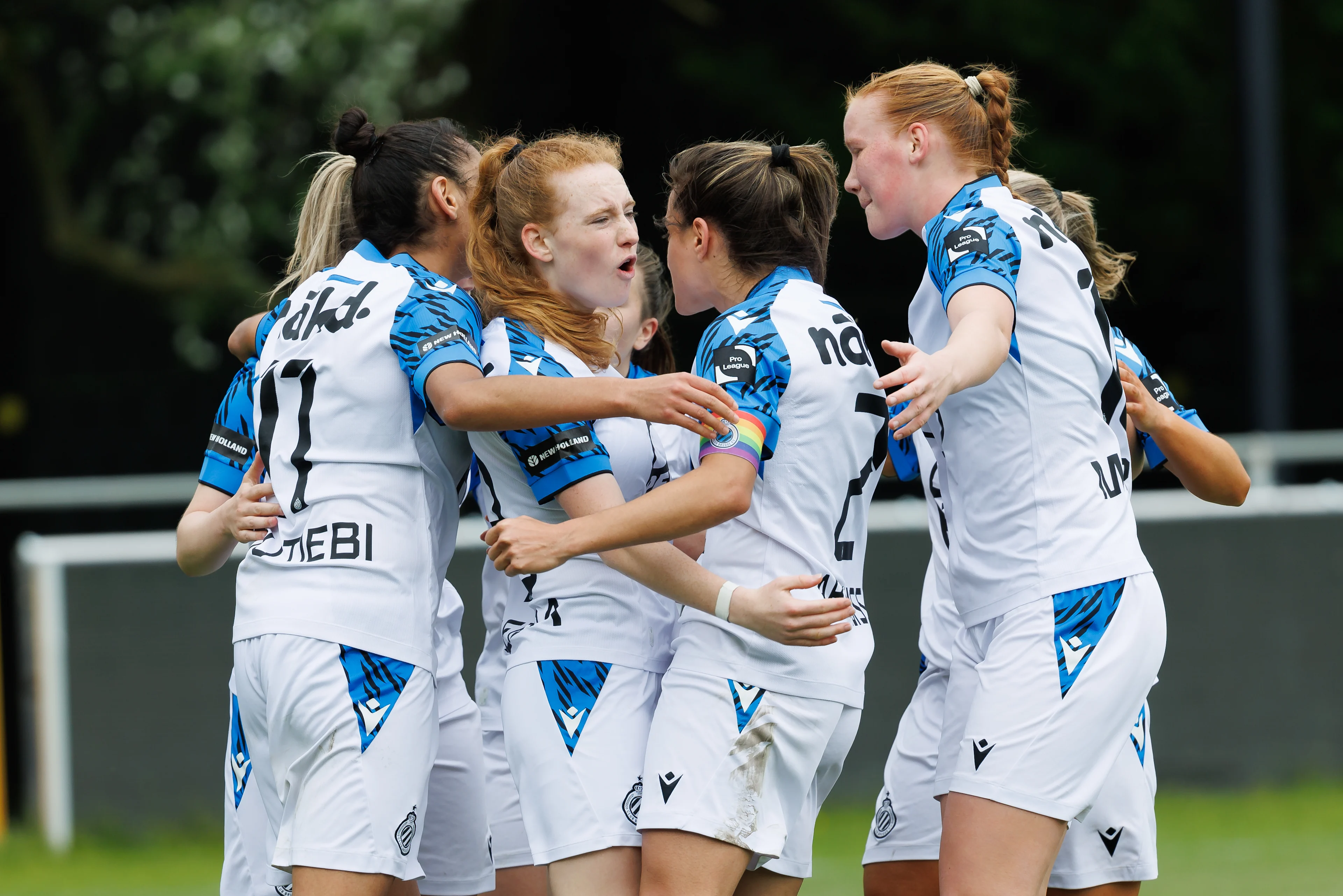 YLA's players celebrate after scoring during a soccer game between KAA Gent Ladies and Club YLA, Saturday 04 May 2024 at the Chillax Arena in Gent, on day 7 of the play-off group A of the Super League women's competition. BELGA PHOTO KURT DESPLENTER