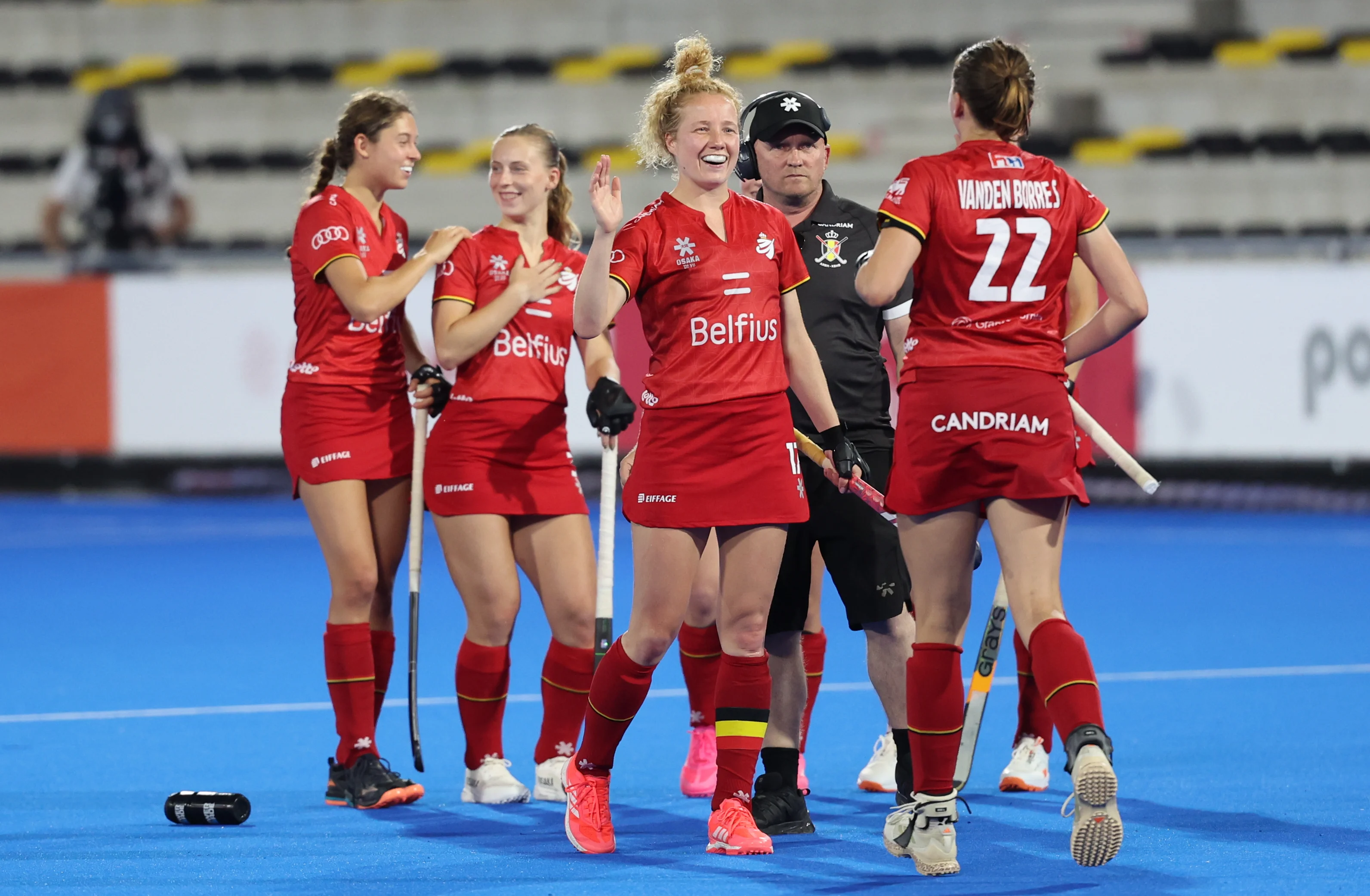 Belgium's Michelle Struijk and Belgium's Stephanie Vanden Borre celebrate during a hockey game between Belgian national team Red Panthers and Australia, Tuesday 23 June 2026 in Wavre, match 13/16 in the group stage of the women's FIH Pro League competition. BELGA PHOTO VIRGINIE LEFOUR