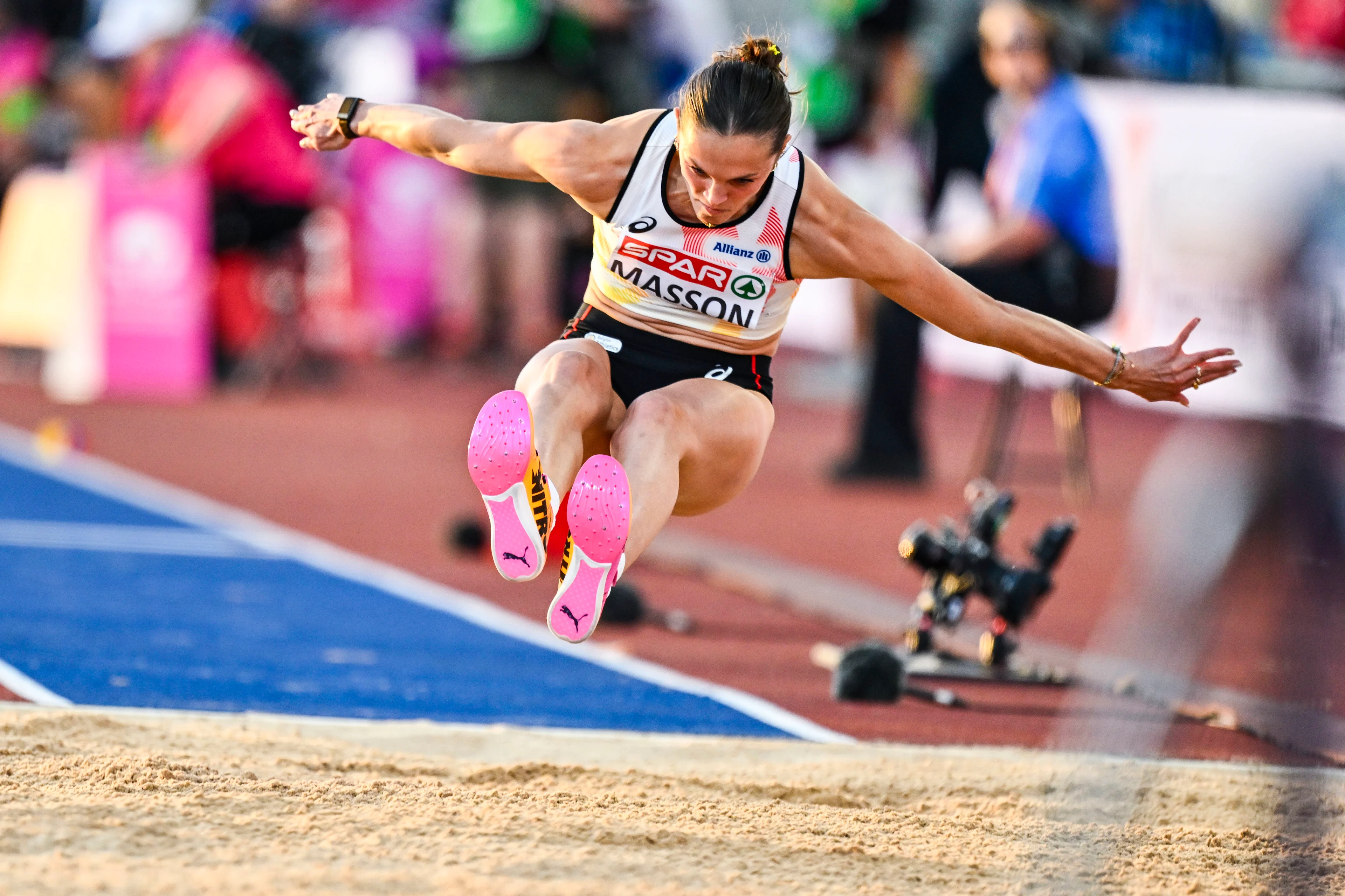 Belgian Ilona Masson pictured in action during the qualifications of the women's triple jump event at the European Athletics Championships (August 10-18) in Birmingham, United Kingdom, on Monday 10 August 2026. BELGA PHOTO ERIC LALMAND