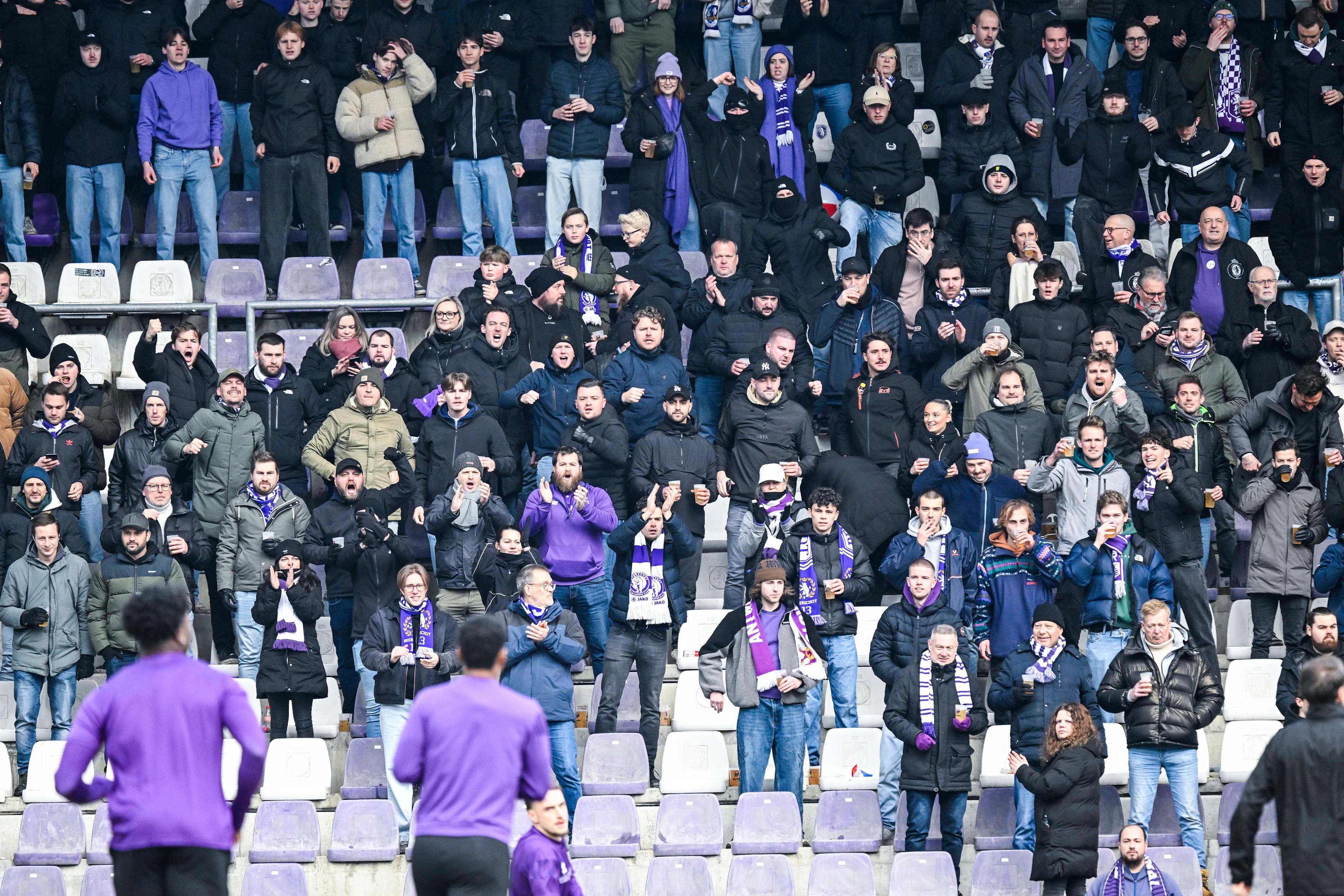 Beerschot fans pictured before a soccer game between Beerschot VA and Royal Antwerp FC, Sunday 12 January 2025 in Antwerp, on day 21 of the 2024-2025 season of 'Jupiler Pro League' first division of the Belgian championship. BELGA PHOTO TOM GOYVAERTS