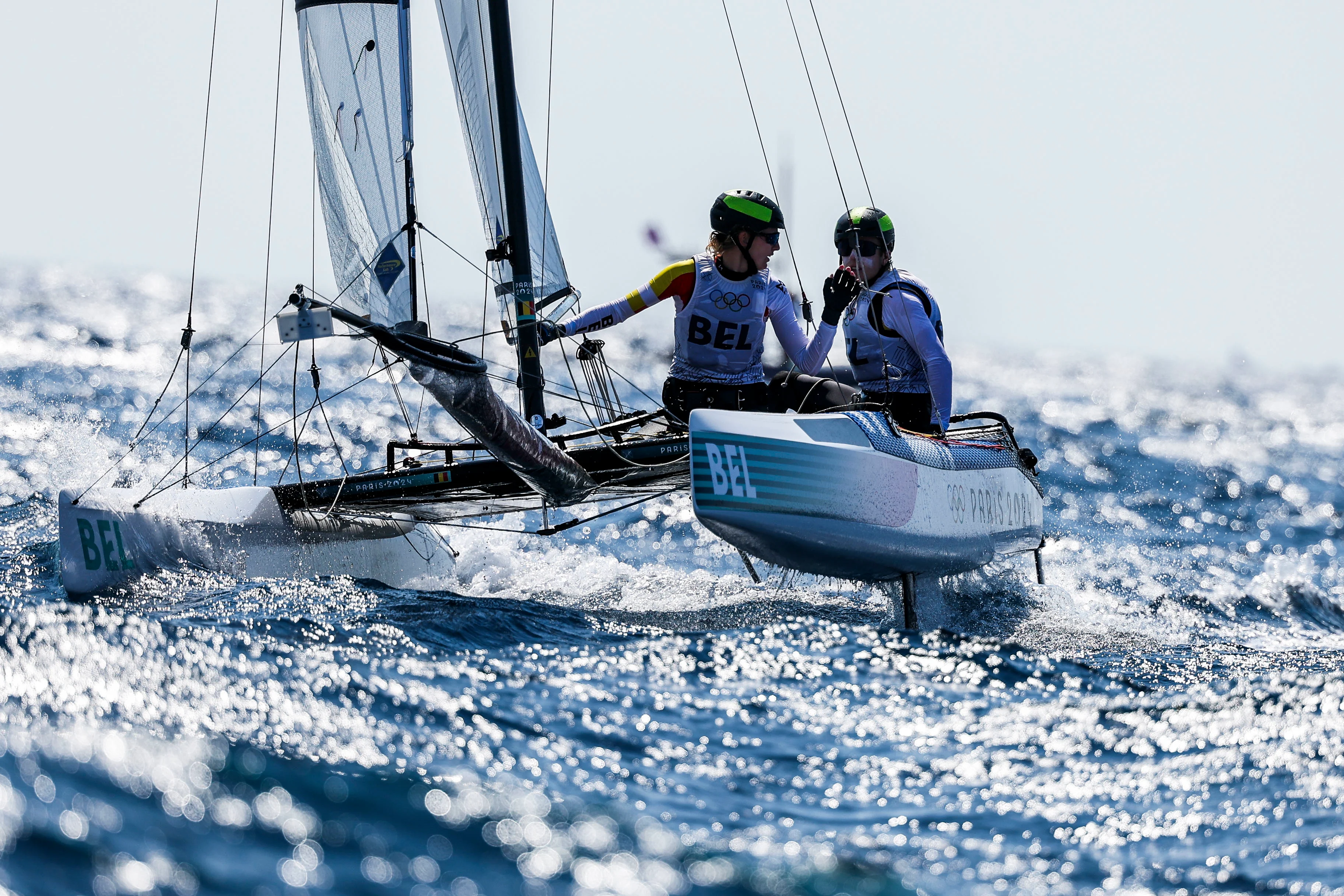 Lucas CLAEYSSENS and Eline VERSTRAELEN of Belgium compete in the Mixed Multihull class during the Paris Olympic Games 2024 - Day 8 at Marina Marseille on August 3, 2024 in Marseille, France. (Photo by Johnny Fidelin/Icon Sport)