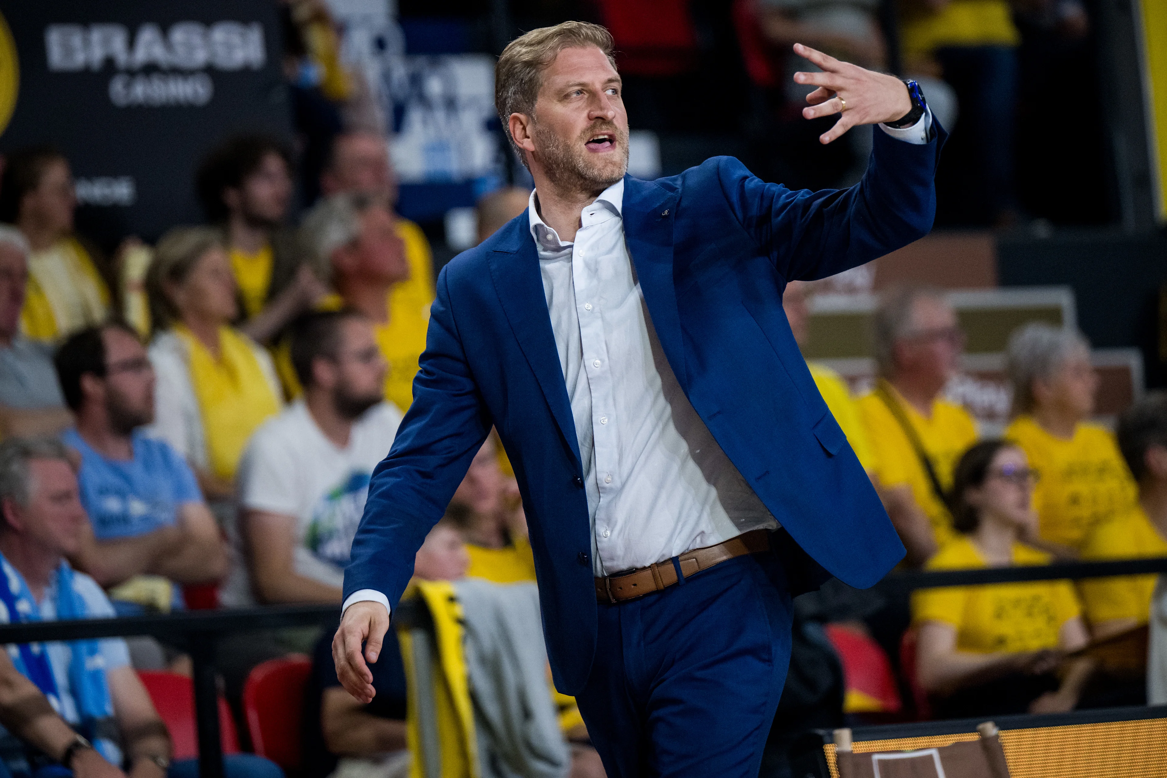 Aalst's head coach Olivier Foucart reacts during a basketball match between BC Oostende and Okapi Aalst, Friday 22 May 2026, in Oostende, on the first round (out of 5) of the Semi Finals Playoffs of the 'BNXT League' Belgian/ Dutch first division basket championship. BELGA PHOTO JASPER JACOBS