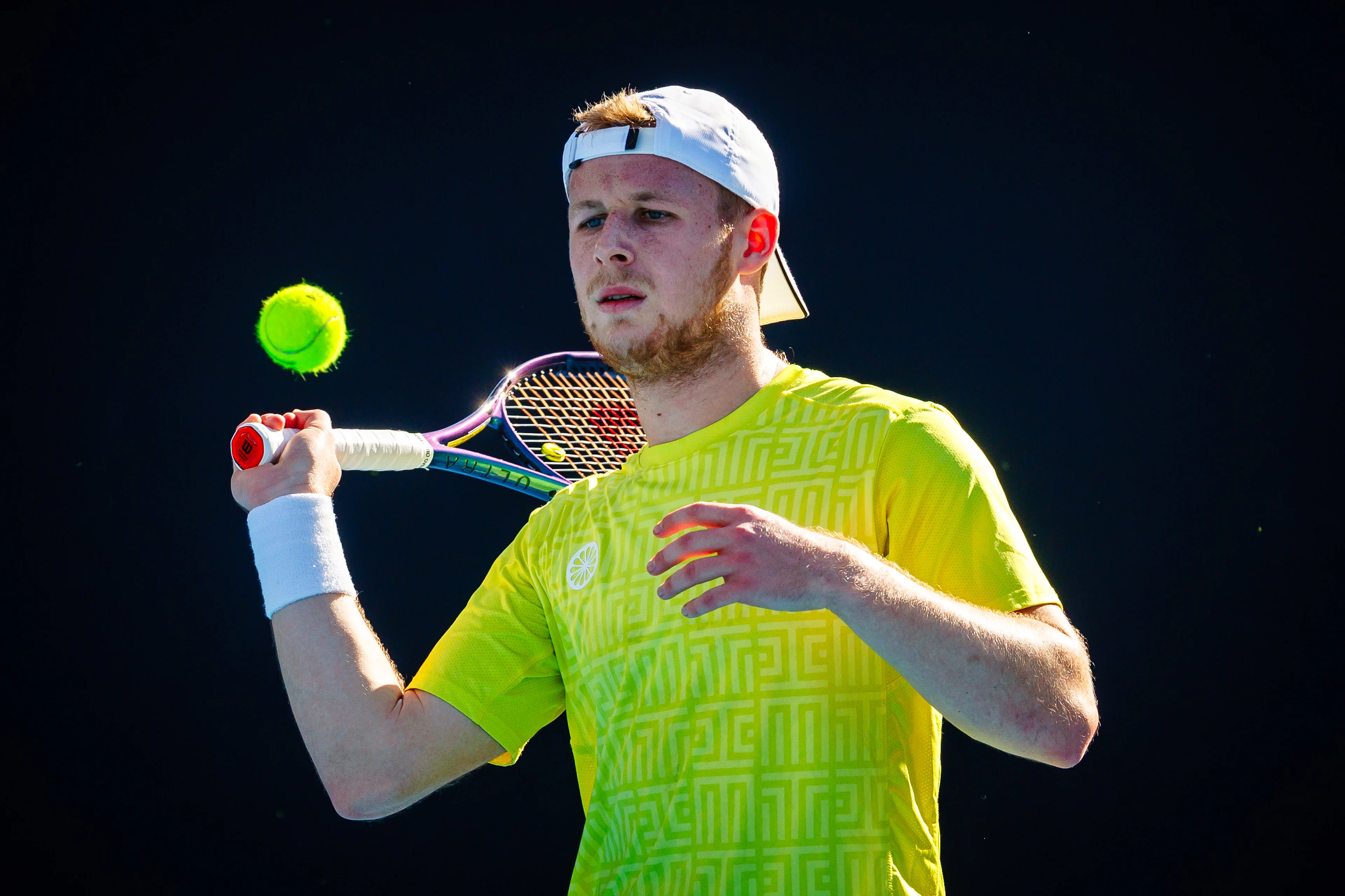 Belgian Gauthier Onclin pictured in action during a tennis match against US Kovacevic in the first round of the qualifiers for the men's singles tournament of the 'Australian Open' Grand Slam tennis tournament, Wednesday 10 January 2024 in Melbourne Park, Melbourne, Australia. The 2024 edition of the Australian Grand Slam takes place from January 14th to January 28th. BELGA PHOTO PATRICK HAMILTON