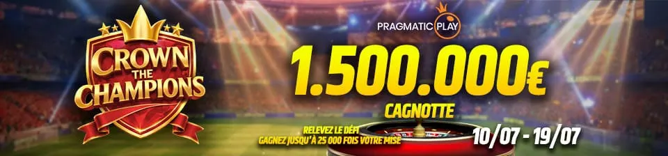 👑 Axée sur les tables de roulette classiques et tous les game shows de roulette dans notre Casino en Direct, Crown the Champions fait monter l'adrénaline avec jusqu'à 1.500.000 € de prix supplémentaires à remporter.