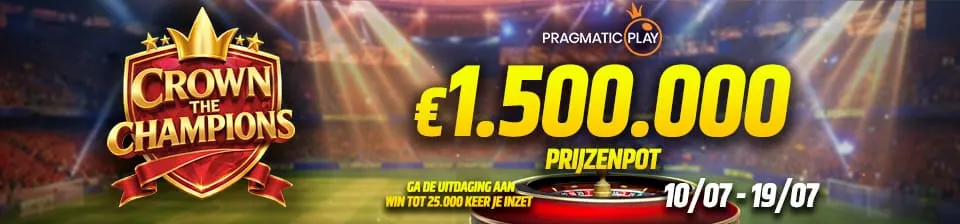 👑 Met de focus op klassieke roulettetafels en alle roulette game shows van het Live Casino voert Crown the Champions de spanning op met tot €1.500.000 aan extra prijzen.