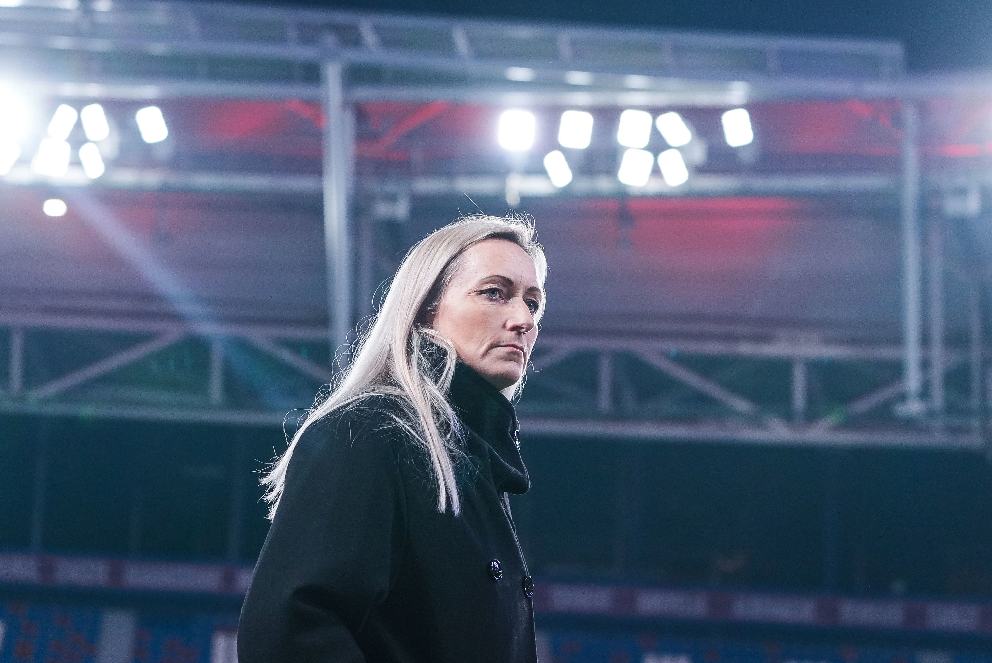 Belgium's head coach Elisabet Gunnarsdottir looks dejected after losing a soccer game between Belgium's national team the Red Flames and Spain, in Valencia, Spain Friday 21 February 2025, on the first matchday in group A3 of the 2024-25 Women's Nations League Competition. BELGA PHOTO JOMA GARCIA I GISBERT