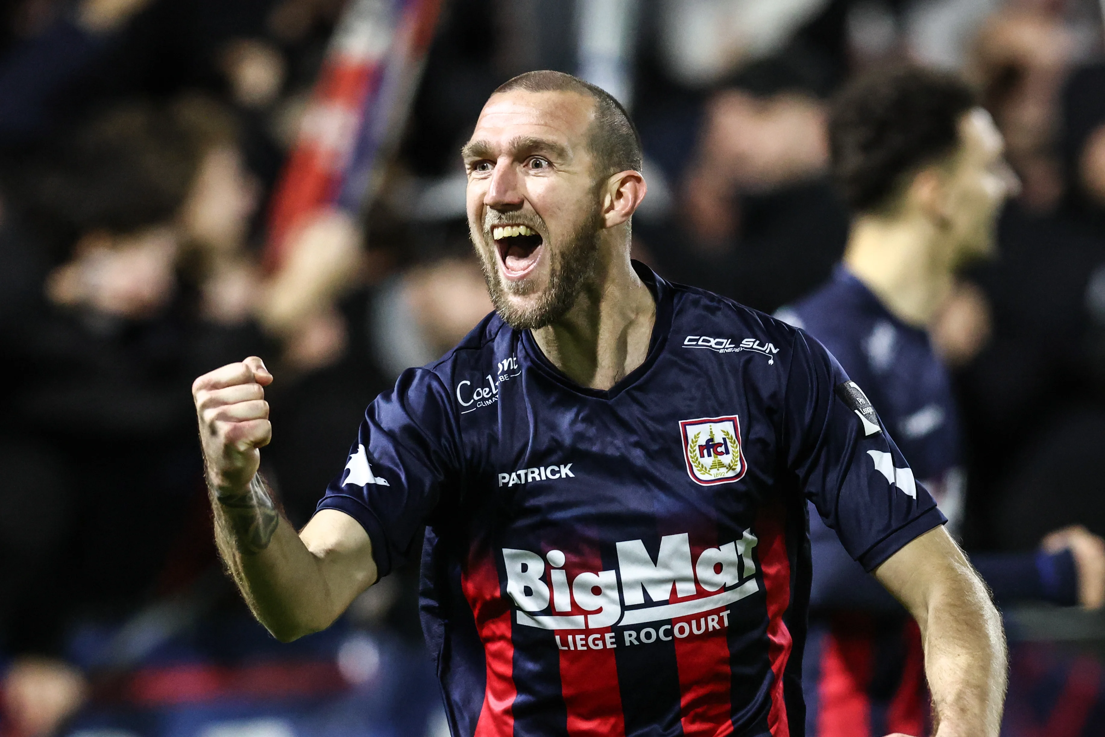 Liege's Benjamin Lambot celebrates during a soccer match between RFC Liege and Lierse SK, Sunday 23 February 2025 in Liege, on day 23 of the 2024-2025 'Challenger Pro League' 1B second division of the Belgian championship. BELGA PHOTO BRUNO FAHY