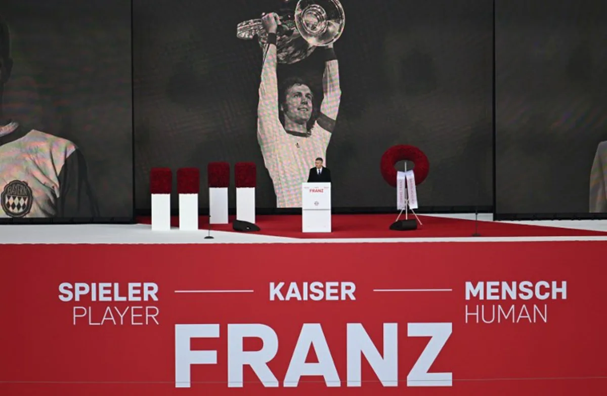 Bayern Munich's President Herbert Hainer delivers his speech during a farewell ceremony in tribute to late German football legend Franz Beckenbauer, organized by his historic club Bayern Munich at the Allianz Arena stadium in Munich, southern Germany, on January 19, 2024.   Beckenbauer, world champion as a player in 1974 and as coach in 1990, died on January 7, 2024 in the Austrian city of Salzburg at the age of 78 and was buried in Munich five days later at a service attended by close friends and family.   LUKAS BARTH / AFP