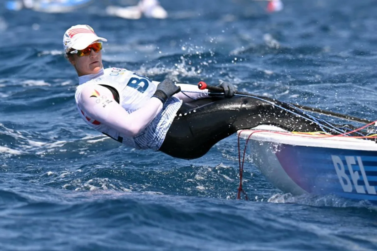 Belgium's Emma Plasschaert trains before race 7 of the women's ILCA 6 single-handed dinghy event during the Paris 2024 Olympic Games sailing competition at the Roucas-Blanc Marina in Marseille on August 4, 2024. NICOLAS TUCAT / AFP
