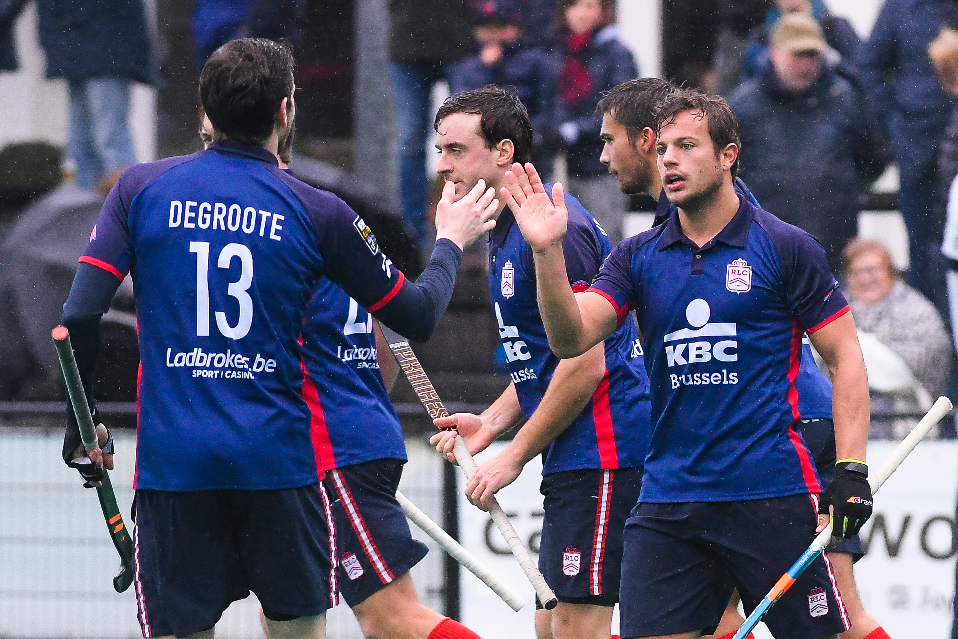 Leopold's Tom Degroote and Leopold's Max Plennevaux celebrate after scoring during a hockey game between KHC Dragons and Royal Leopold Club, on day twelve of the Belgian first division hockey championship, Sunday 08 March 2020 in Brasschaat. BELGA PHOTO LAURIE DIEFFEMBACQ