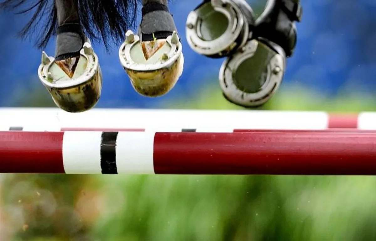 The hooves of a horse are seen as a show jumper overcomes an obstacle during the CHIO equestrian event in Aachen, western Germany, on July 15, 2014. The World Equestrian Festival including jumping, dressage, eventing, vaulting and driving events is running from July 11 to 20, 2014.       UWE ANSPACH / DPA / AFP GERMANY OUT

