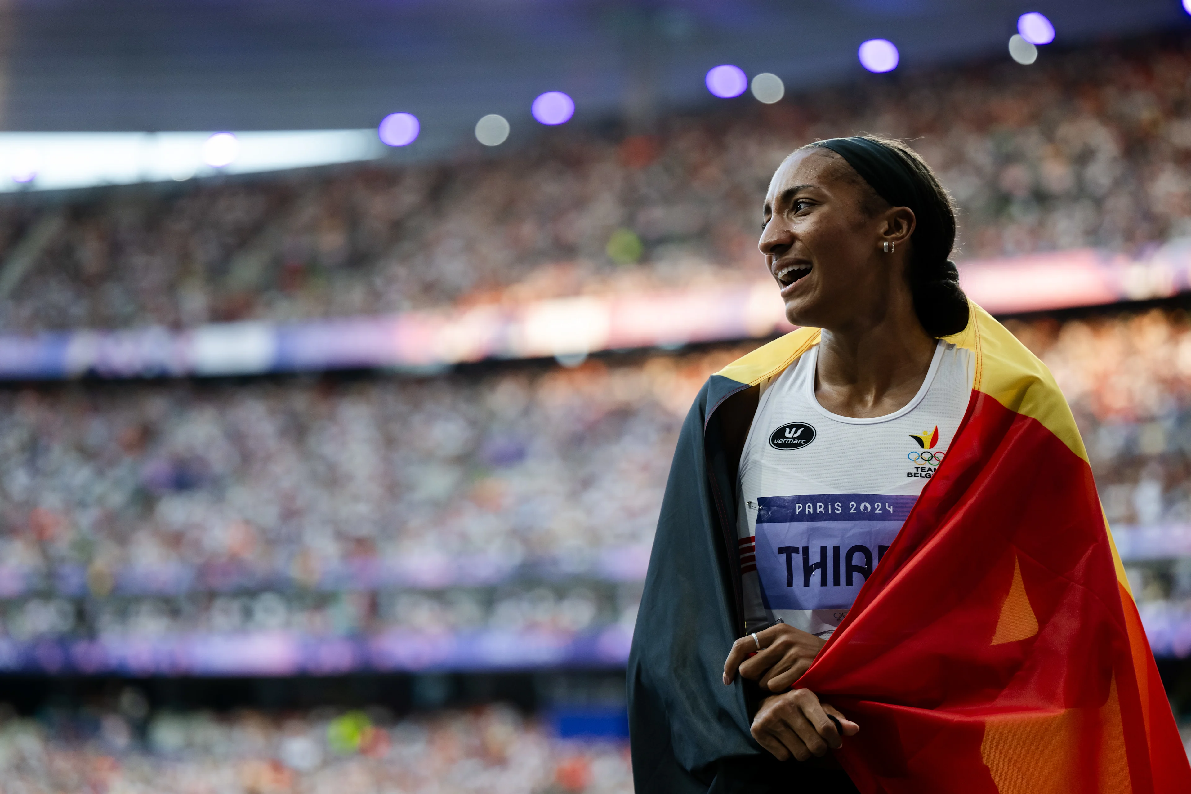 240809 Nafissatou Nafi Thiam of Belgium celebrates after women's athletics heptathlon 800m during day 14 of the Paris 2024 Olympic Games on August 9, 2024 in Paris. Photo: Jon Olav Nesvold / BILDBYRÅN / COP 217 / VG0647 bbeng friidrott athletics friidrett olympic games olympics os ol olympiska spel olympiske leker paris 2024 paris-os paris-ol jubel BELGIUM ONLY