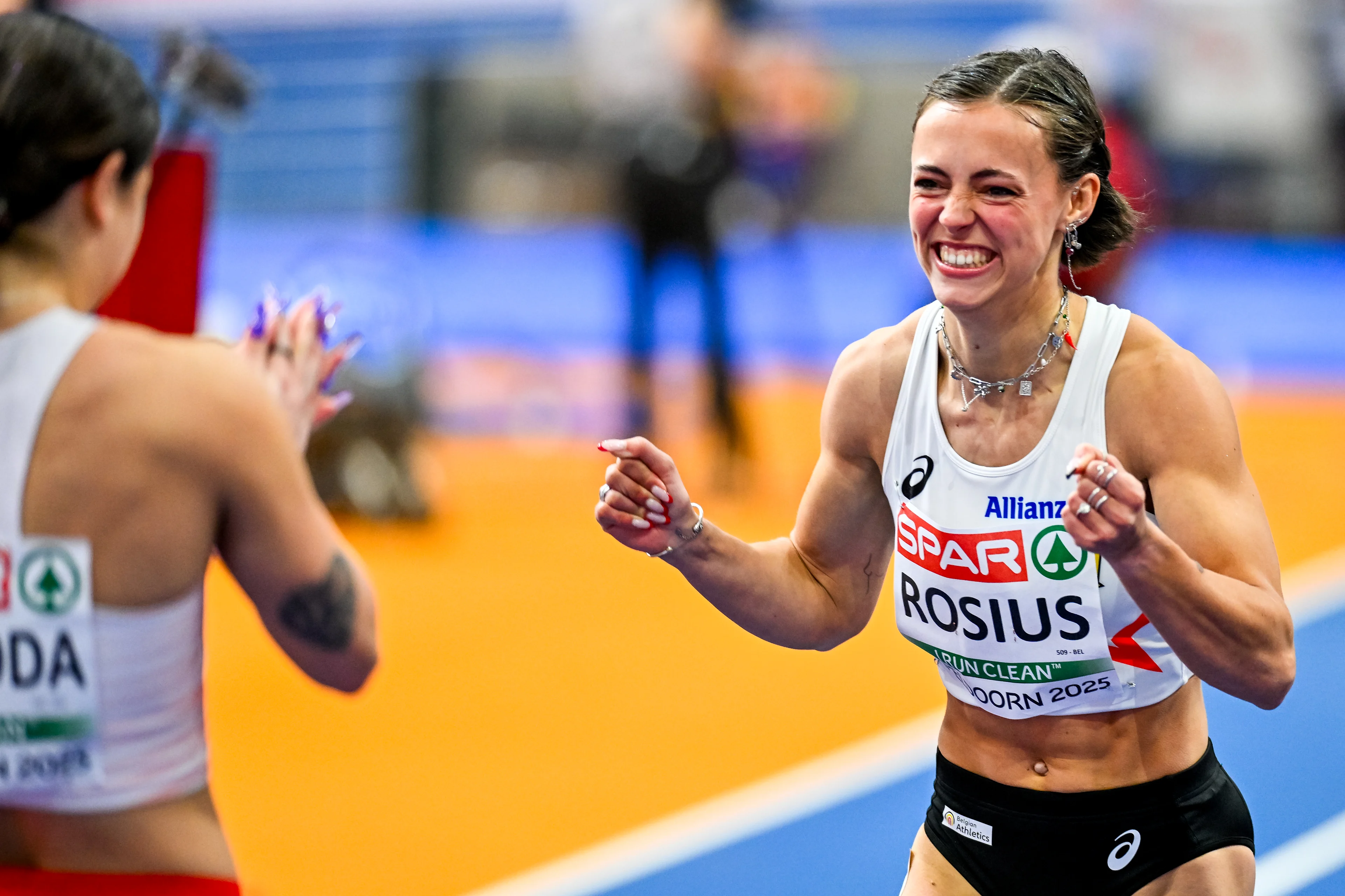 Belgian Rani Rosius reacts after the European Athletics Indoor Championships, in Apeldoorn, The Netherlands, Sunday 09 March 2025. The championships take place from 6 to 9 March. BELGA PHOTO ERIC LALMAND