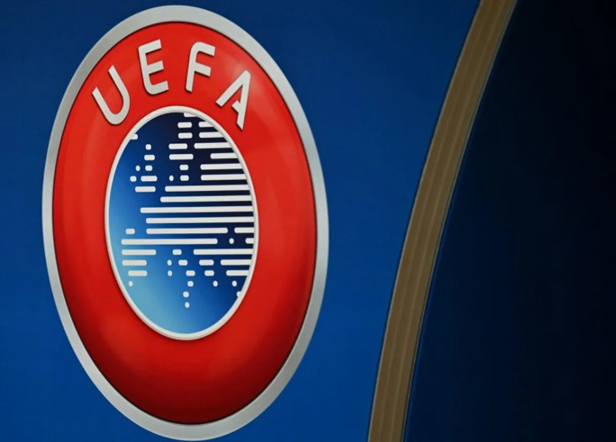 This photograph shows the UEFA logo displayed at the end of the 2025-2026 UEFA Europa League round of 16, quarter-final and semi-final draw at the House of European Football in Nyon, western Switzerland on February 27, 2026. Harold CUNNINGHAM / AFP