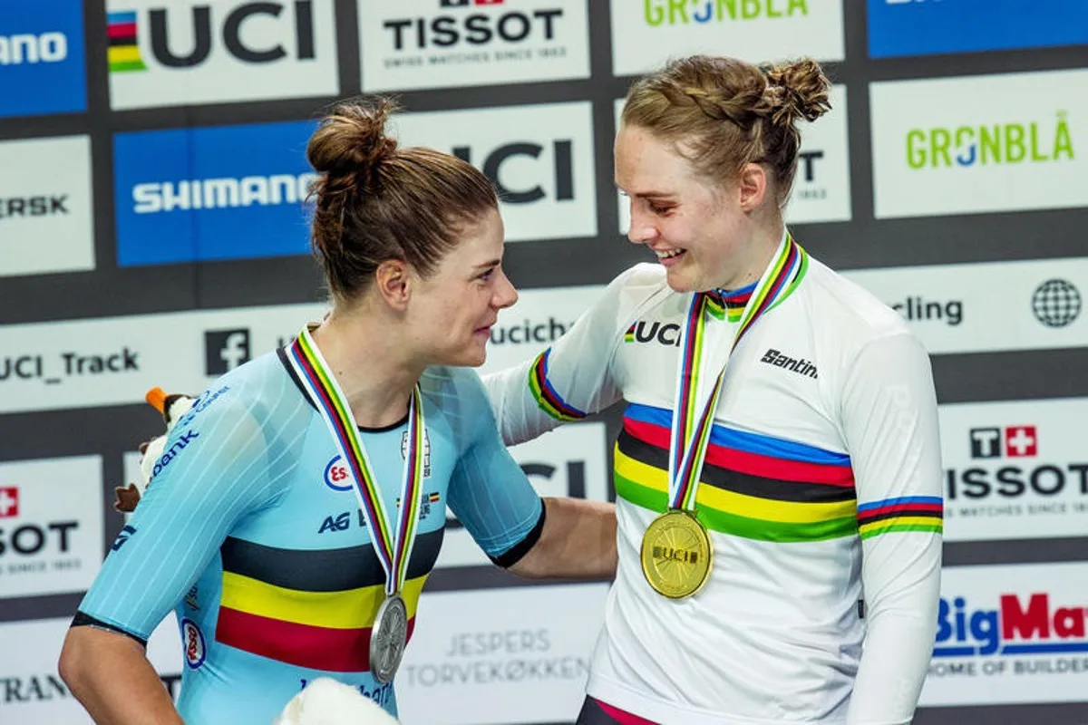 241020 Lotte Kopecky of Belgium and Julie Leth of Denmark celebrates after Women's Points Race during day 5 of the 2024 UCI Tissot Track Cycling World Championships on October 20, 2024 in Ballerup.  Photo: Christian Örnberg / BILDBYRÅN / COP 166 / CO0482 cykling cycling sykling cykel vm cykel2024 uci tissot track cycling world championships wc 2024 uci tissot track cycling world championships 5 bbeng grappa33 jubel (Photo by CHRISTIAN ÖRNBERG/Bildbyran/Sipa USA) BELGIUM ONLY