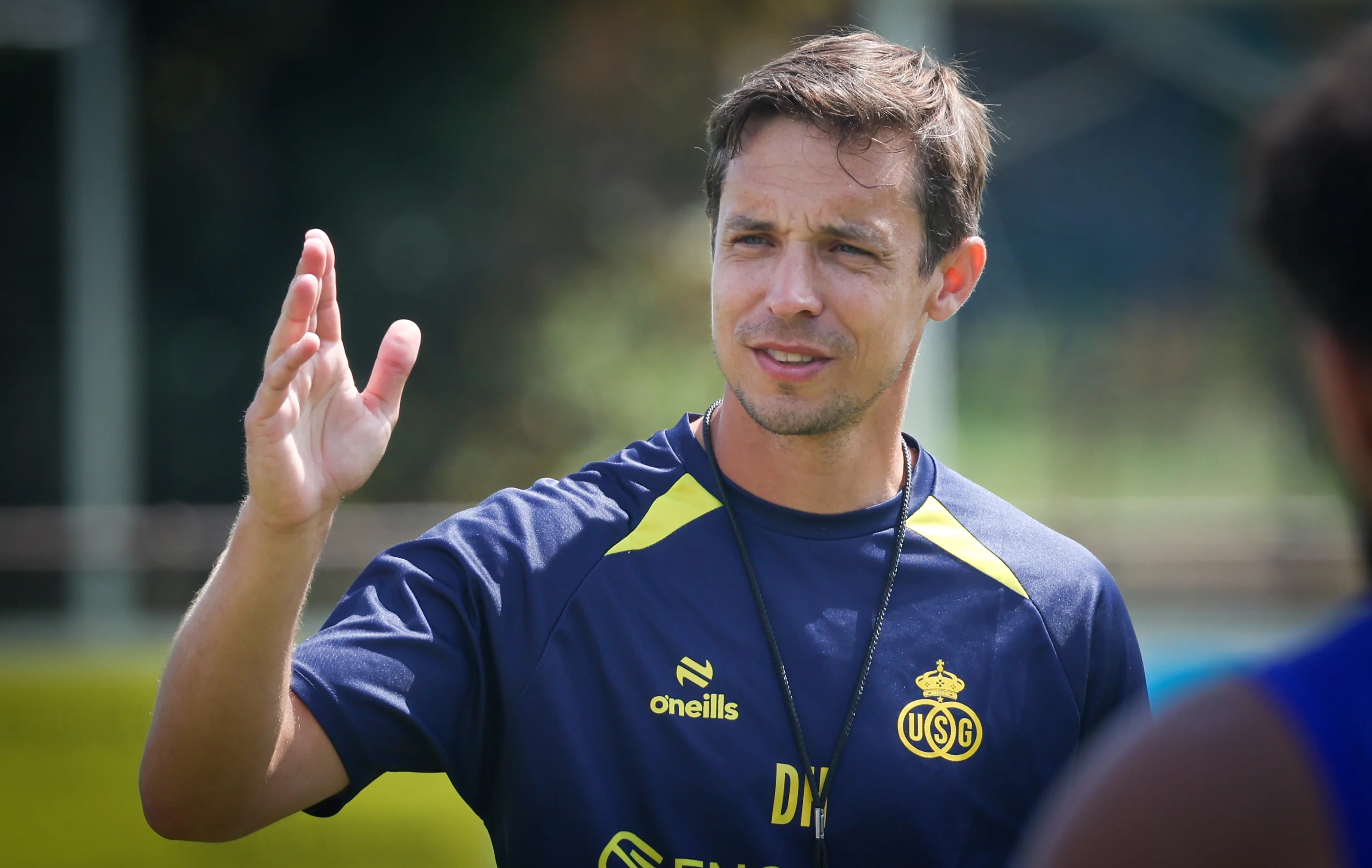 Union's head coach David Hubert gestures during the summer training camp of Belgian first division soccer team Royale Union Saint-Gillois, in Venray, the Netherlands on Friday 17 July 2026, to prepare for the upcoming 2026-2027 season. BELGA PHOTO VIRGINIE LEFOUR